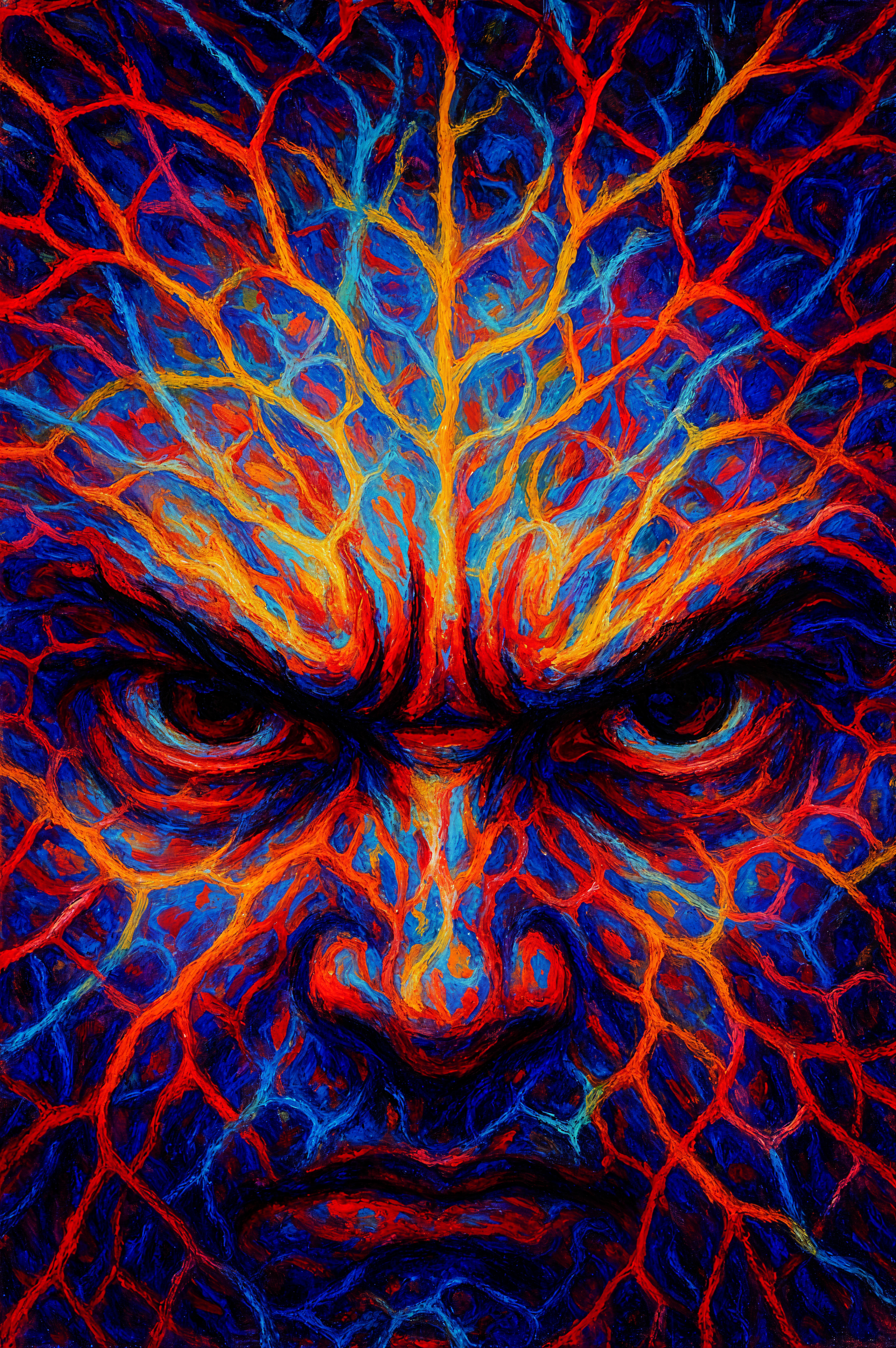 Phone wallpaper featuring an intense, angry face with fiery red and blue vein-like patterns, made to fit both iPhone and Android screens.