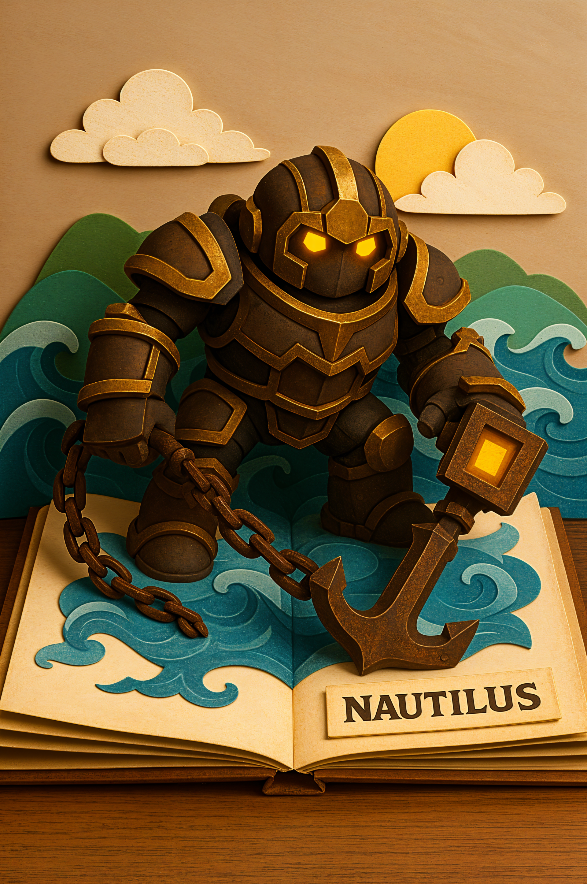 Phone wallpaper of Nautilus from League of Legends depicted as a 3D paper art figure emerging from an open book with waves, clouds, and sun, designed for iPhone and Android.