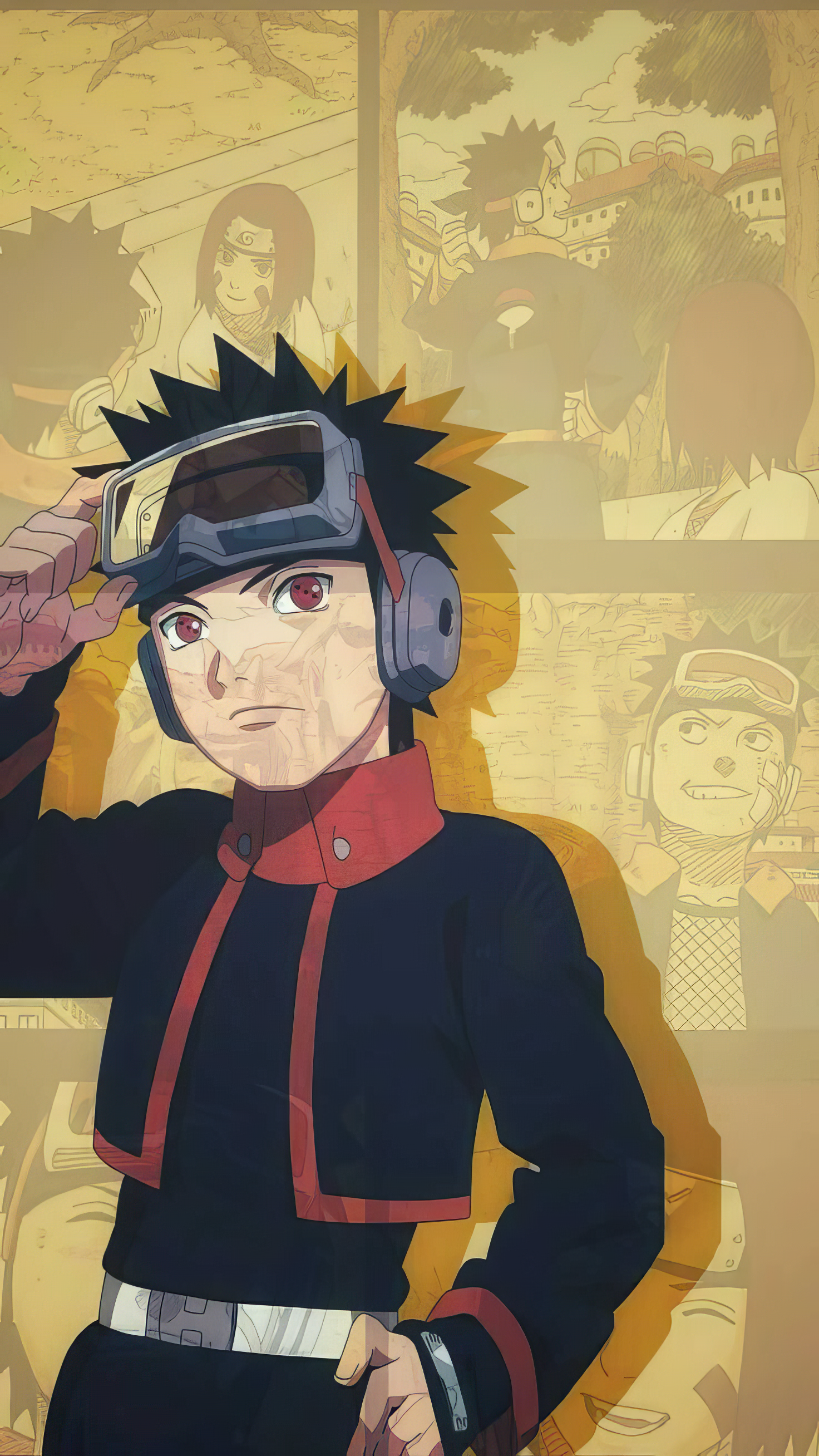 Phone wallpaper featuring Obito Uchiha from Naruto in his early ninja attire, set against a warm-toned collage of anime scenes, designed for iPhone and Android displays.