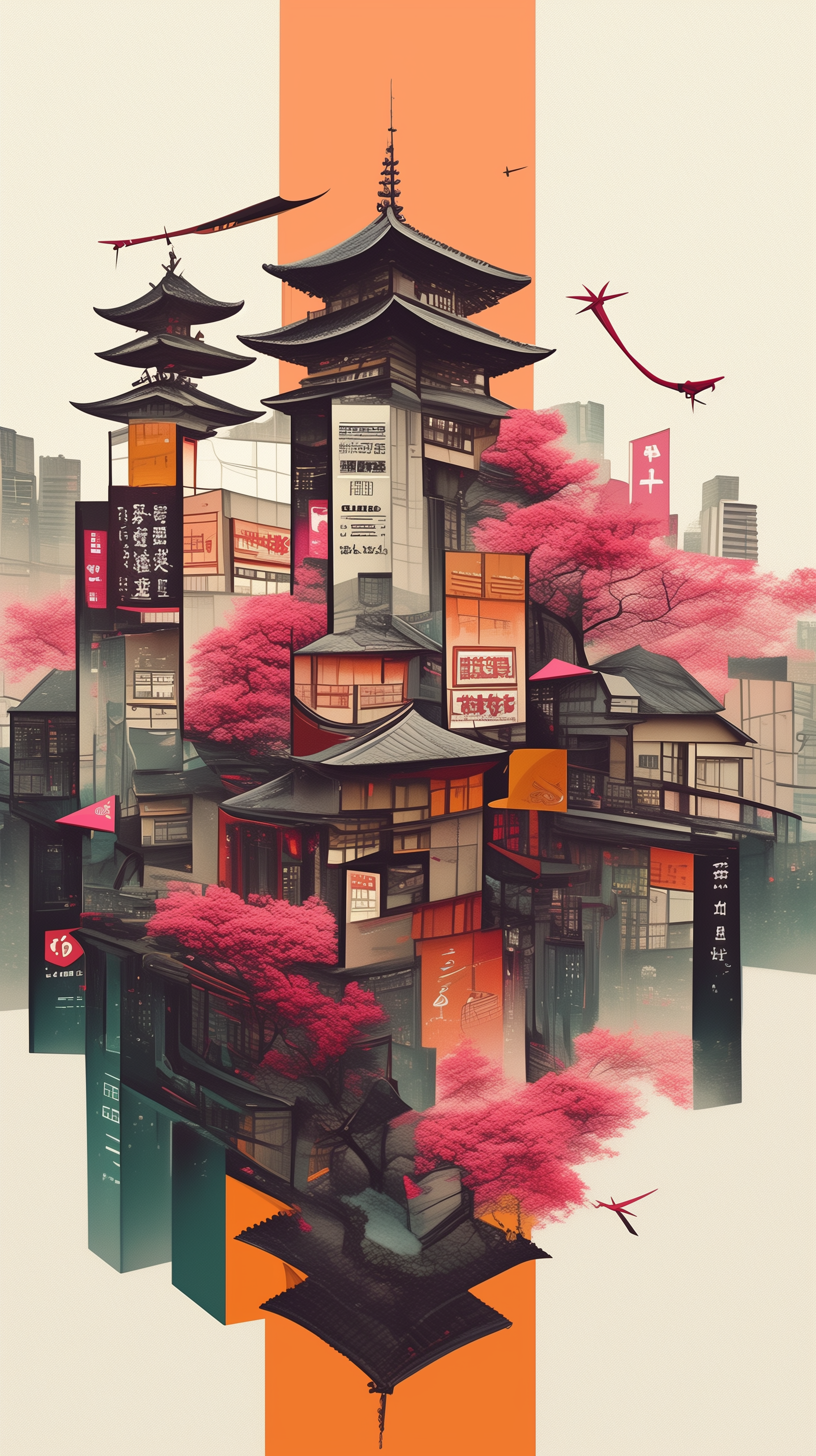Phone wallpaper design featuring a modern Japanese dojo with traditional pagoda roofs, vibrant pink cherry blossoms, and urban elements, blending cultural and contemporary styles.
