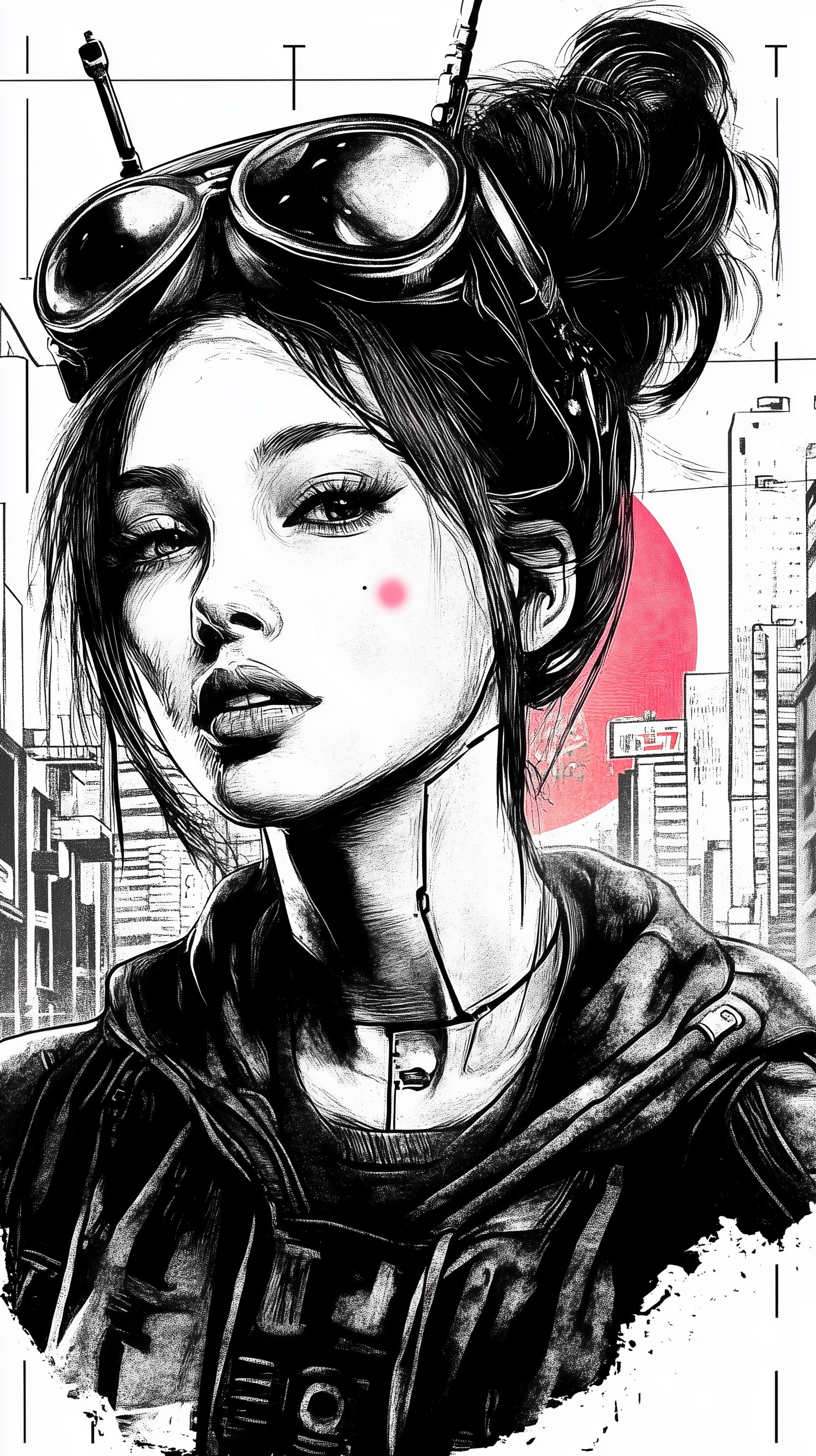 Black and white cyberpunk drawing of a girl with goggles and tech accessories, set against a cityscape with a red sun, designed as a phone wallpaper for iPhones and Android devices.