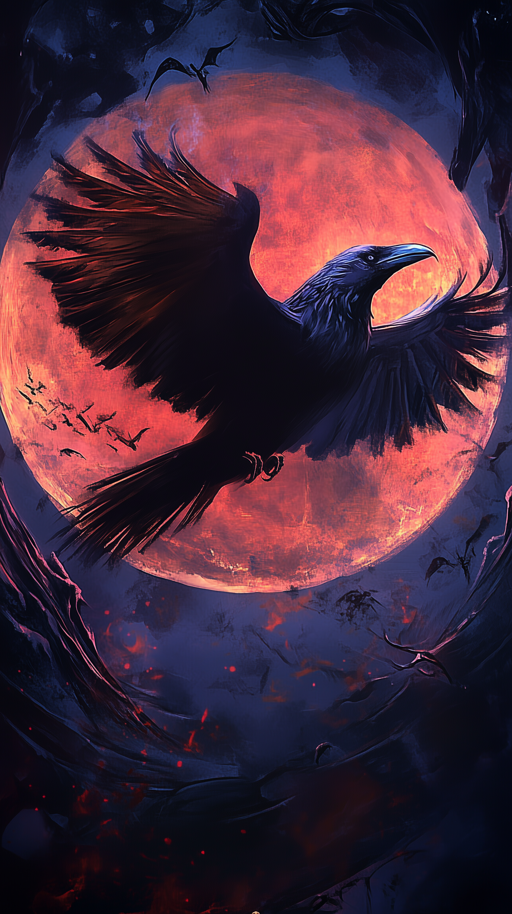 Phone wallpaper featuring a dark raven soaring in front of a glowing red moon against a moody night sky, compatible with iPhone and Android screens.