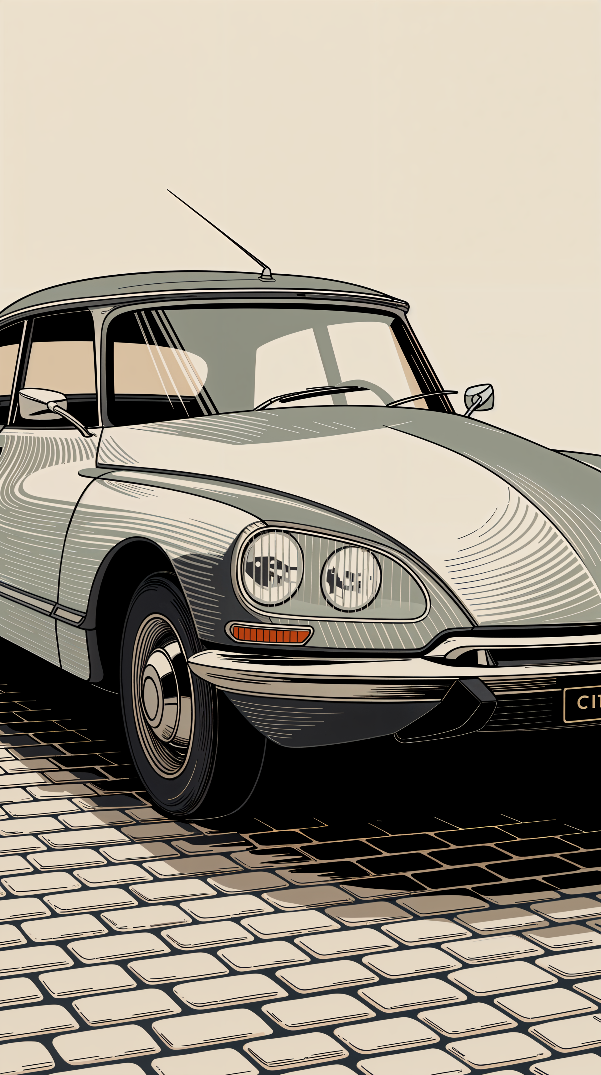 Illustration of a classic Citroën car on a cobblestone street, designed as a stylish phone wallpaper for both iPhones and Android devices.