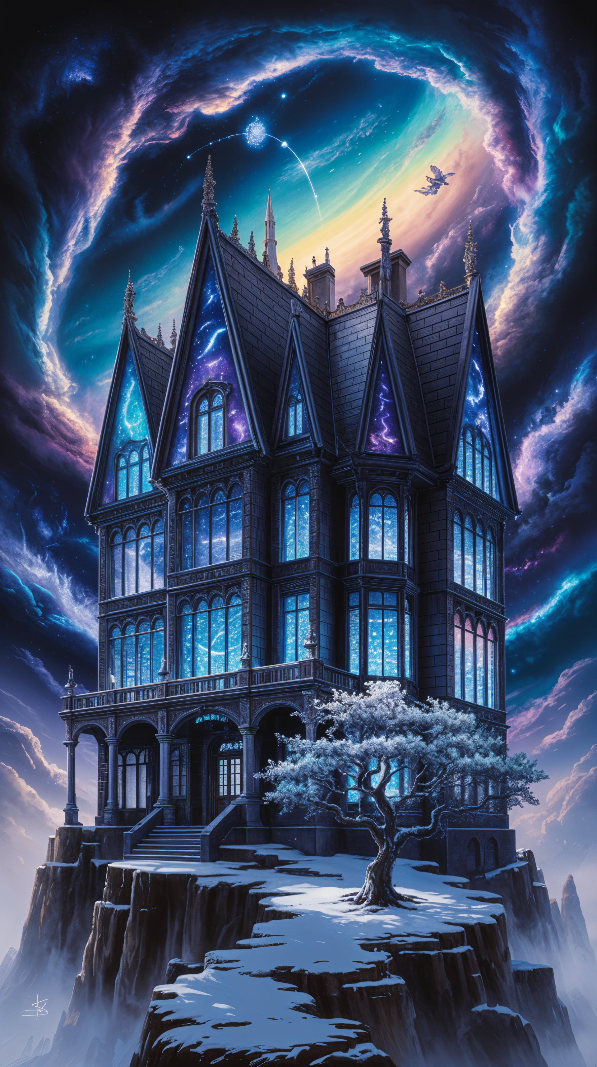 Phone wallpaper of a mystical mansion atop a rocky cliff under a swirling cosmic sky, blending gothic architecture with vibrant galaxy hues for iPhone and Android displays.