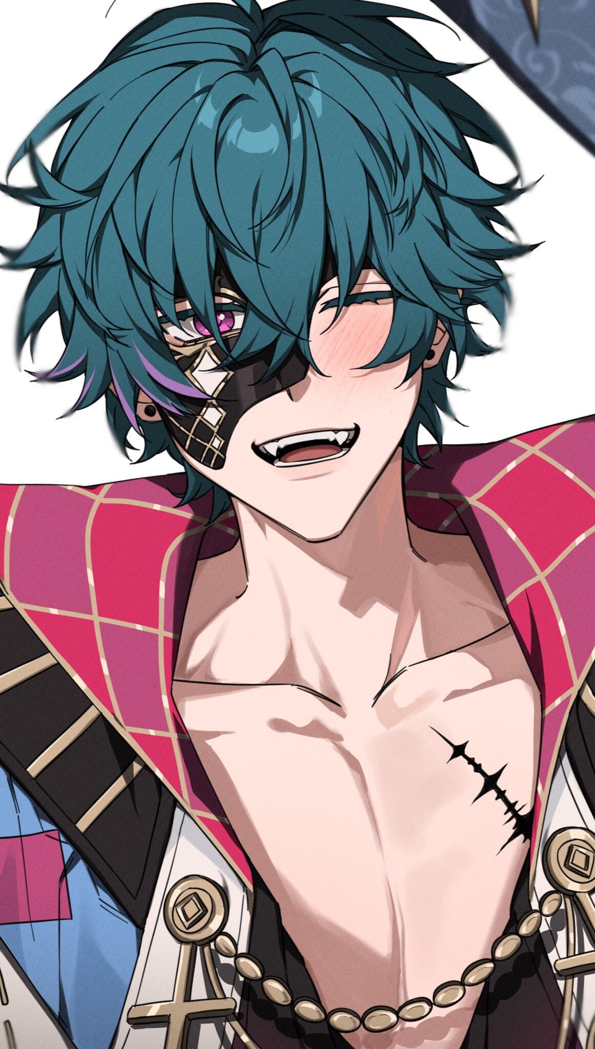 Phone wallpaper featuring Brant from the video game Wuthering Waves, showcasing his teal hair, purple eye, and distinctive stitched scar across his chest.