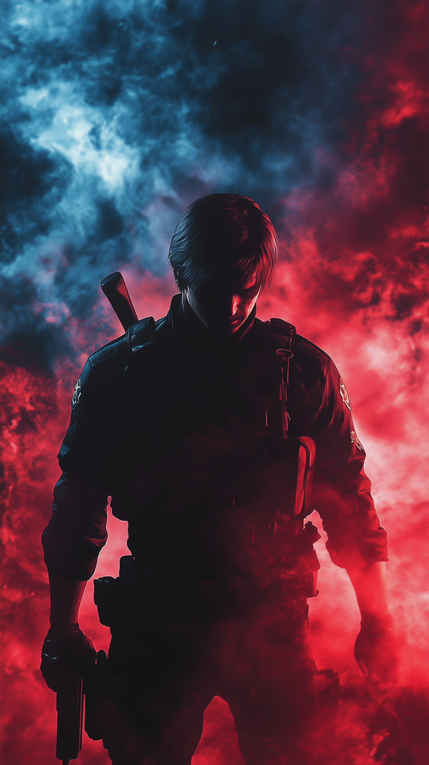 Phone wallpaper of Leon S. Kennedy from the video game Resident Evil, depicted in dark silhouette with blue and red smoky background, compatible with iPhones and Android devices.