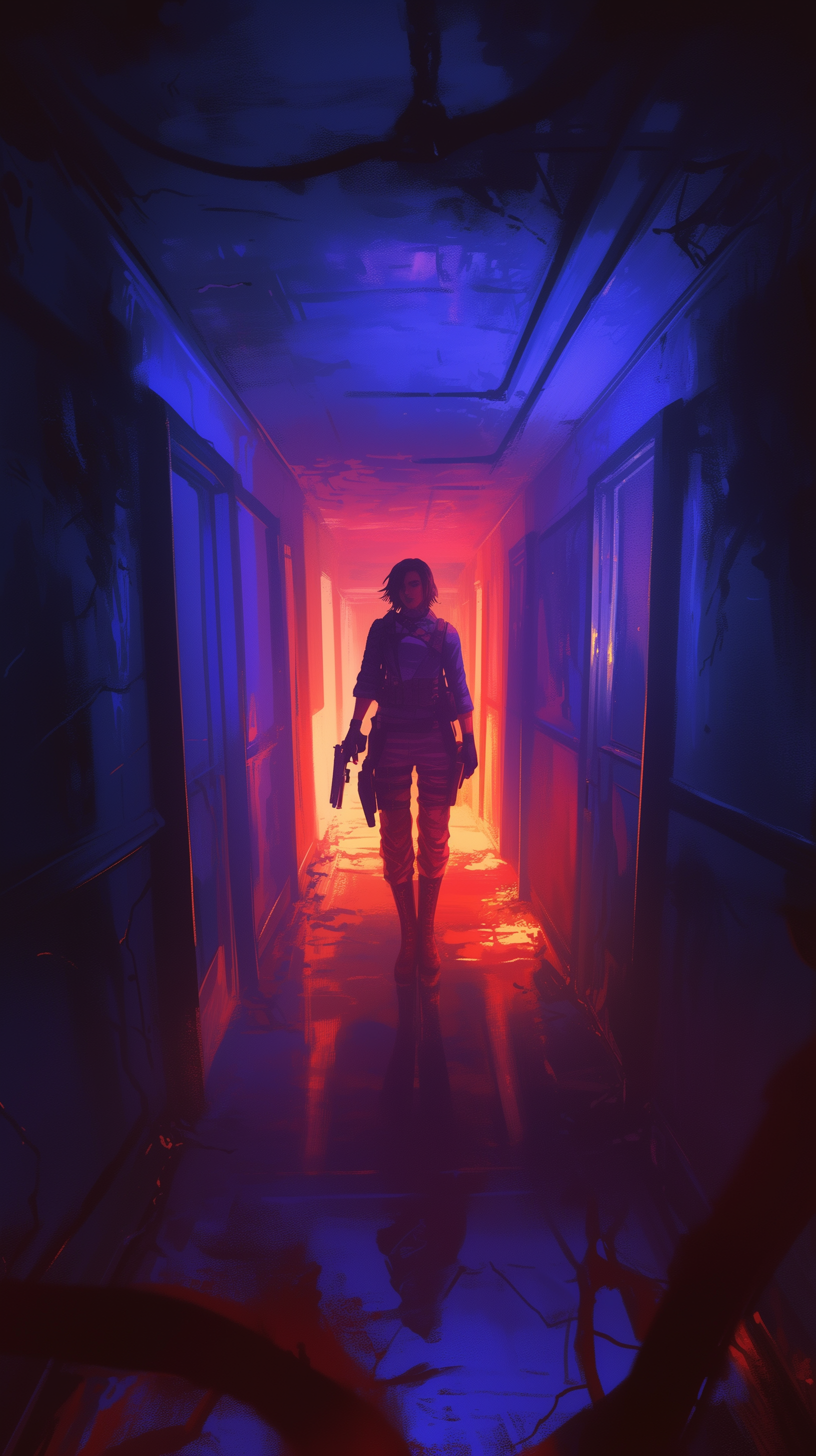 Phone wallpaper showing Ada Wong from Resident Evil 4 (2023) walking down a dark, narrow corridor bathed in red and blue light, captured in a video game style.