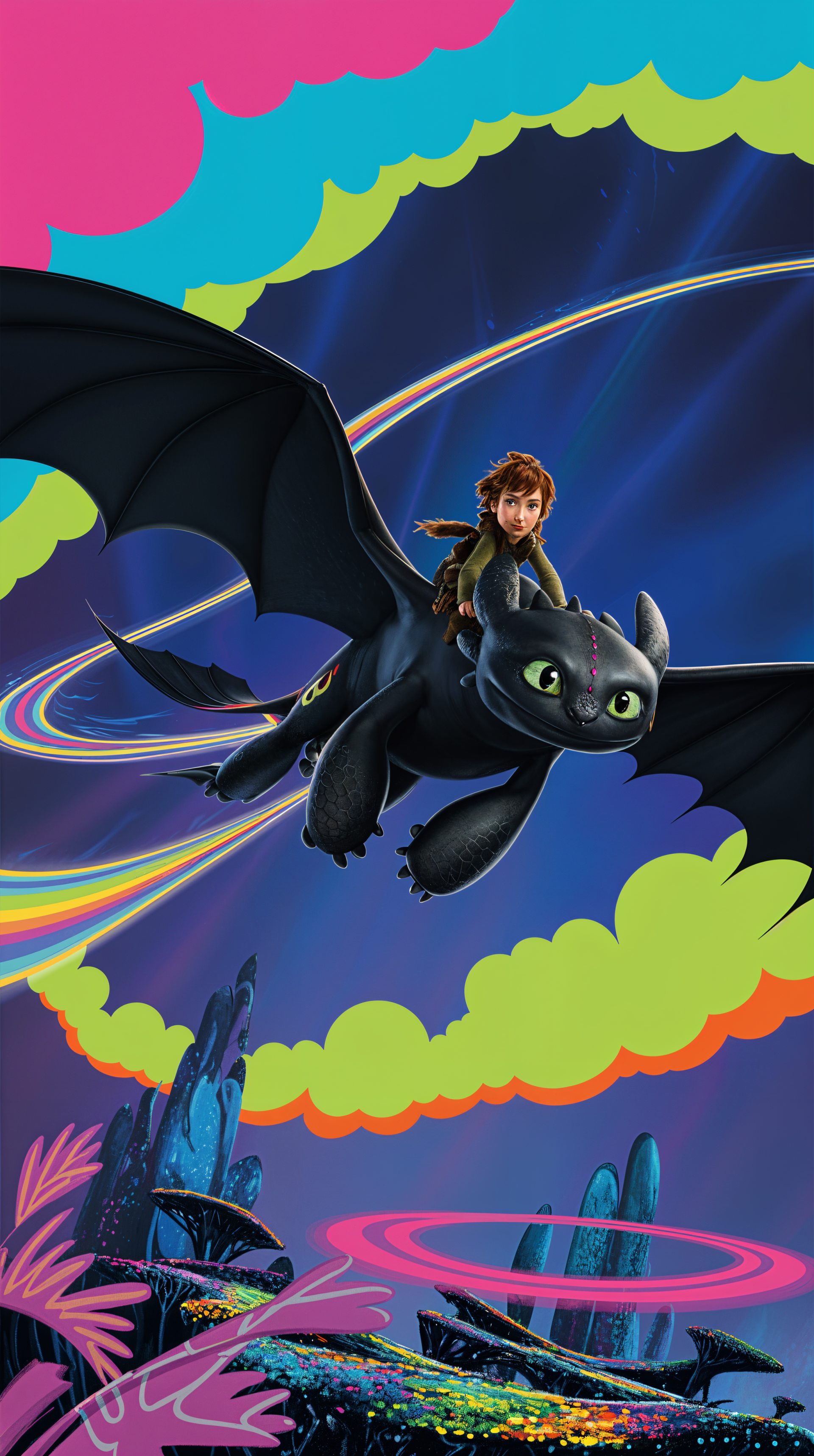 Phone wallpaper featuring How to Train Your Dragon characters, with a rider on a dragon flying through colorful rings against a vibrant, cosmic background, compatible with iPhones and Android devices.
