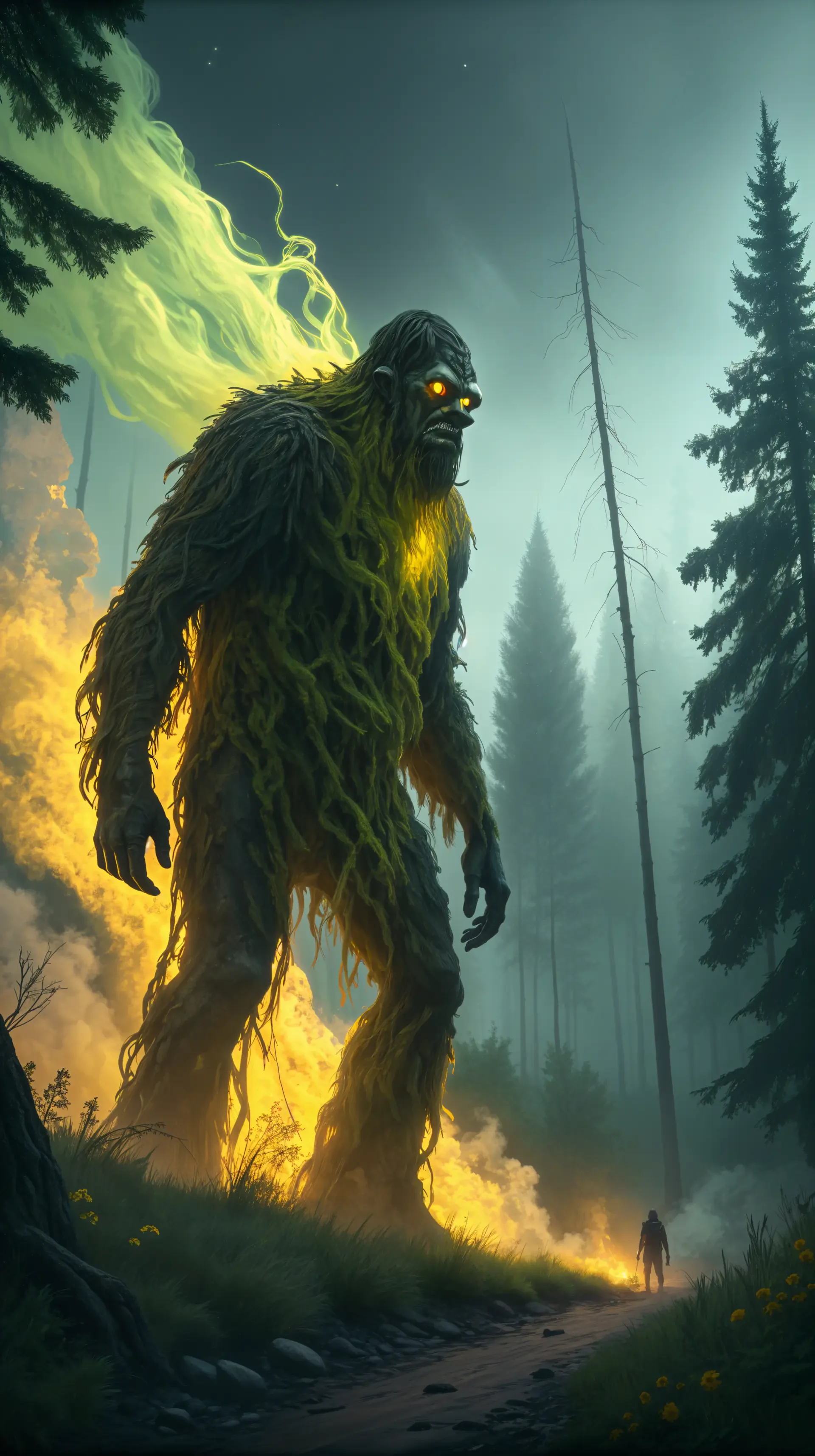 A glowing-eyed Bigfoot with fiery green and yellow flames stands in a misty forest, towering over a small figure on a dark path. Phone wallpaper for iPhone and Android.