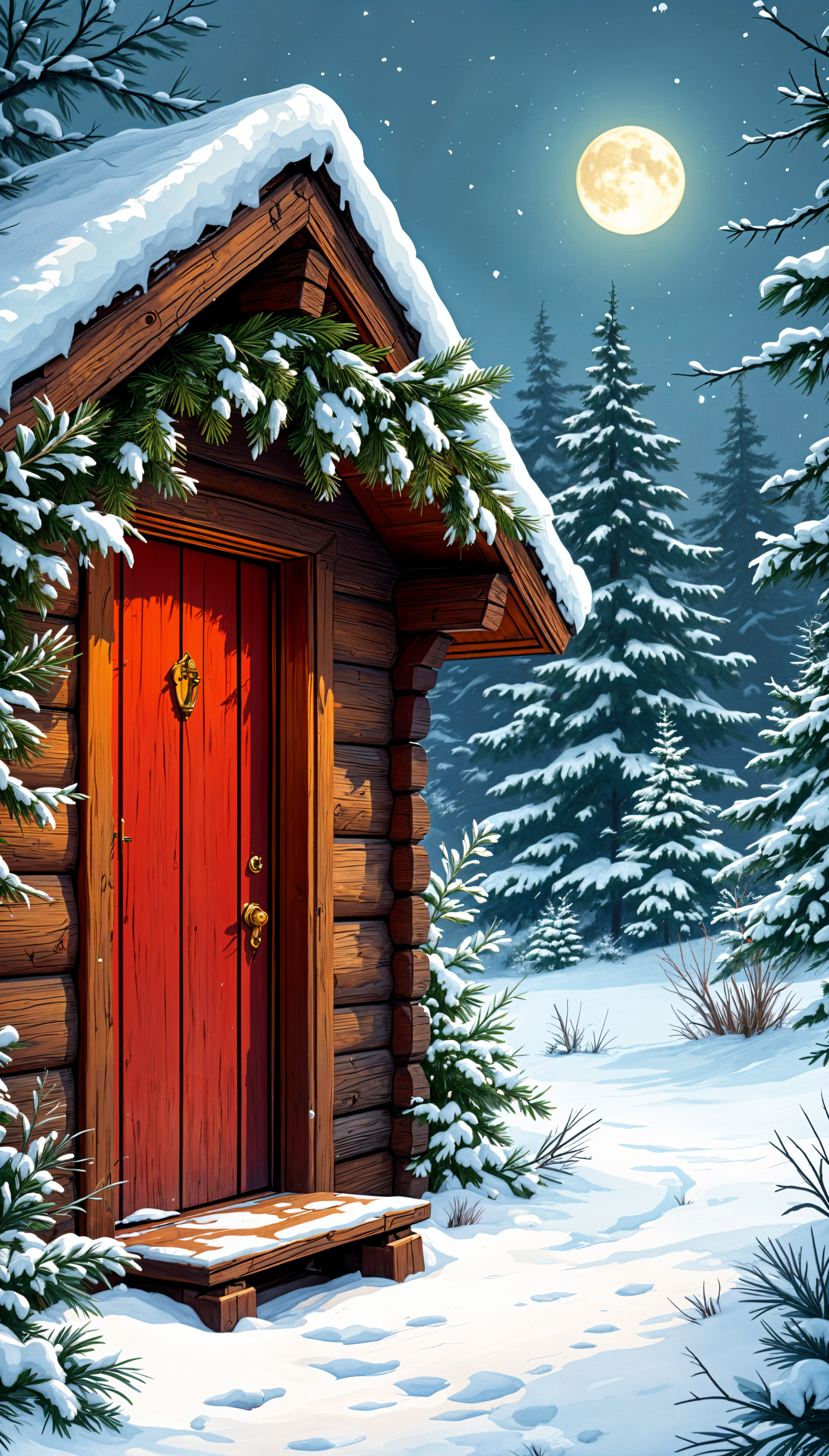 Phone wallpaper showing a snowy winter cabin with a red door, surrounded by snow-covered pine trees under a full moon in a starry night sky. Compatible with iPhones and Android devices.