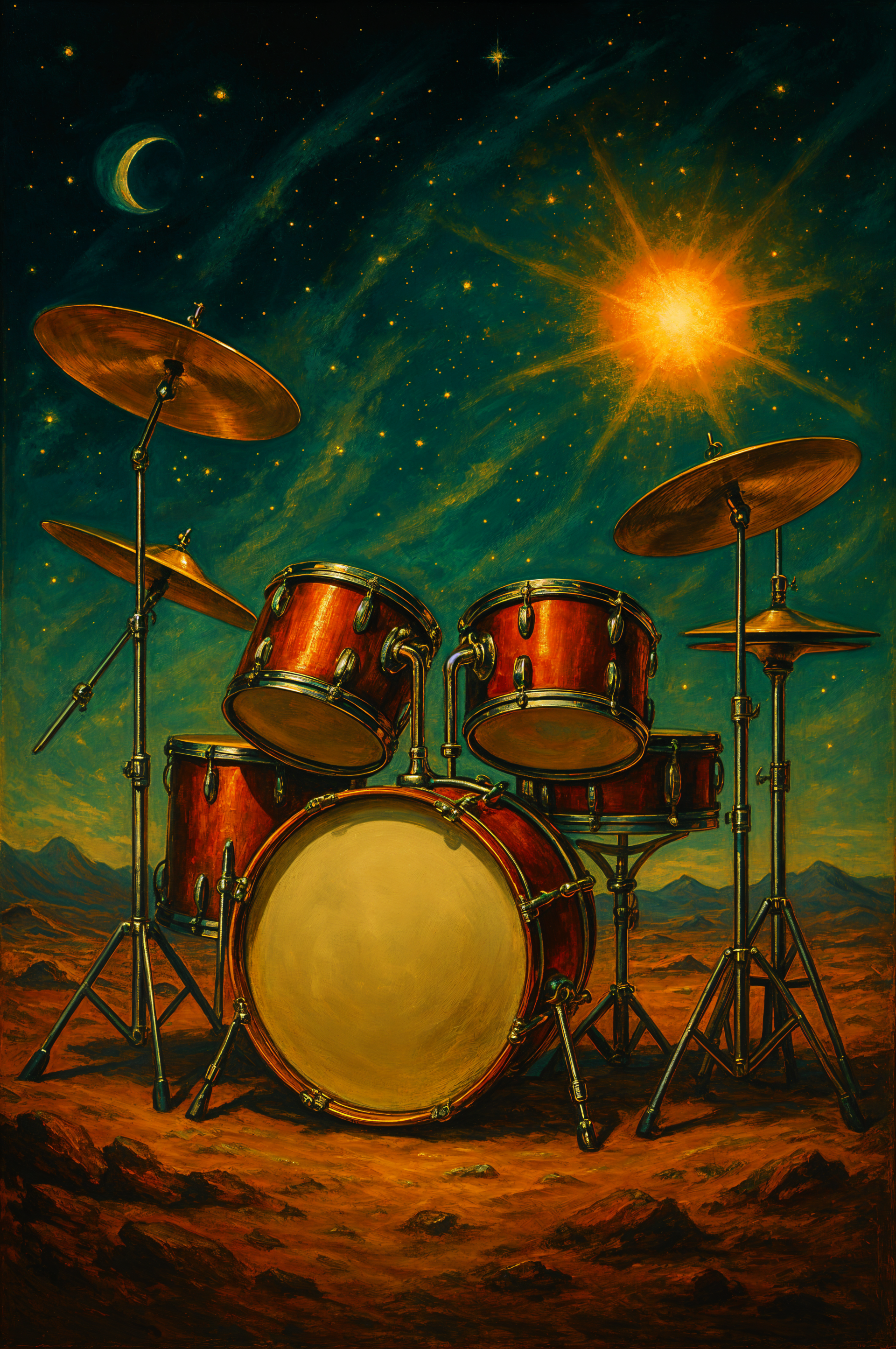 Phone wallpaper featuring a vibrant drum set under a starry night sky with a crescent moon and glowing sun, designed for iPhone and Android displays.
