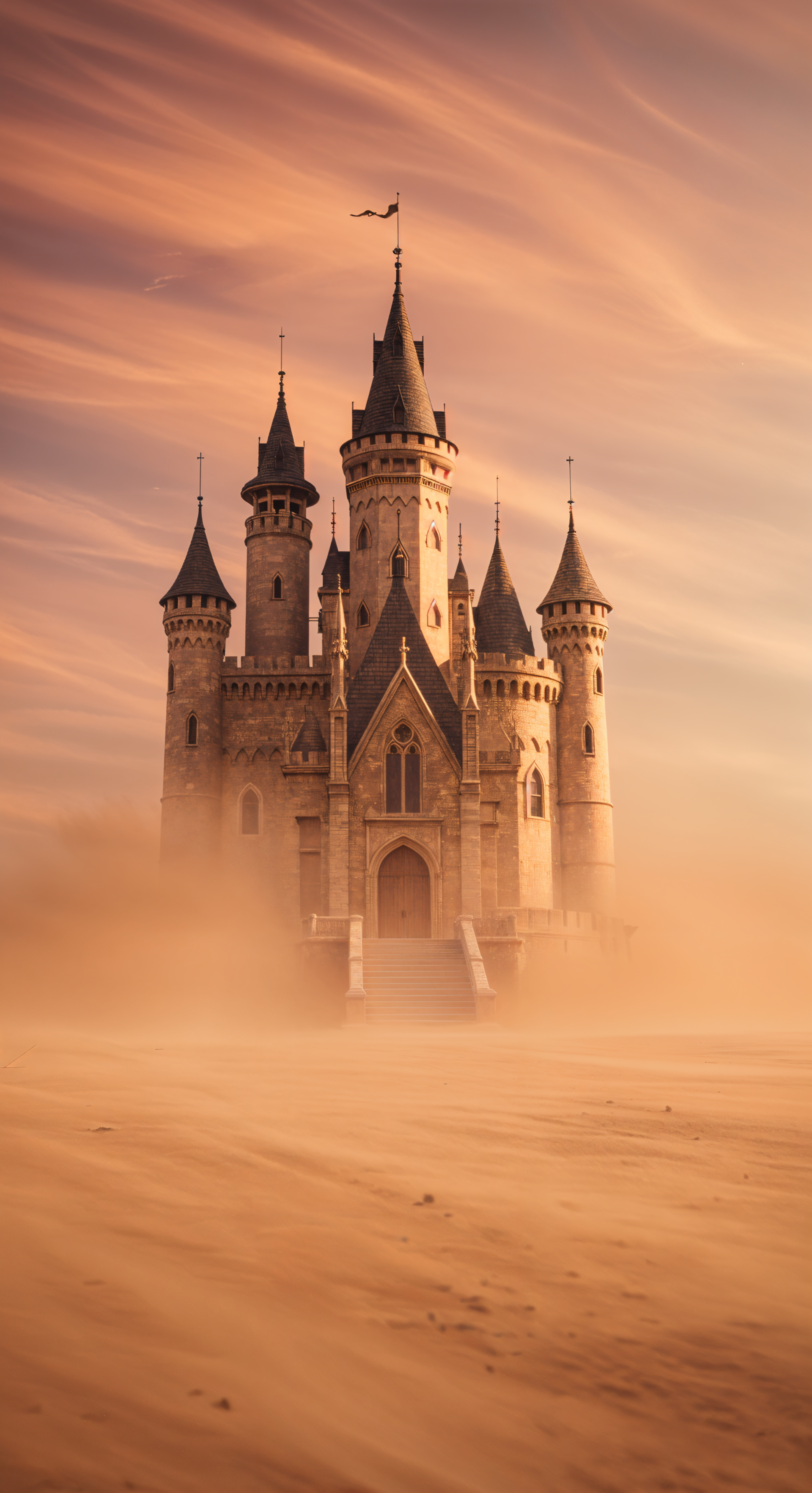Enchanted castle rising from a misty desert at sunset, designed as a vibrant phone wallpaper for both iPhone and Android screens.
