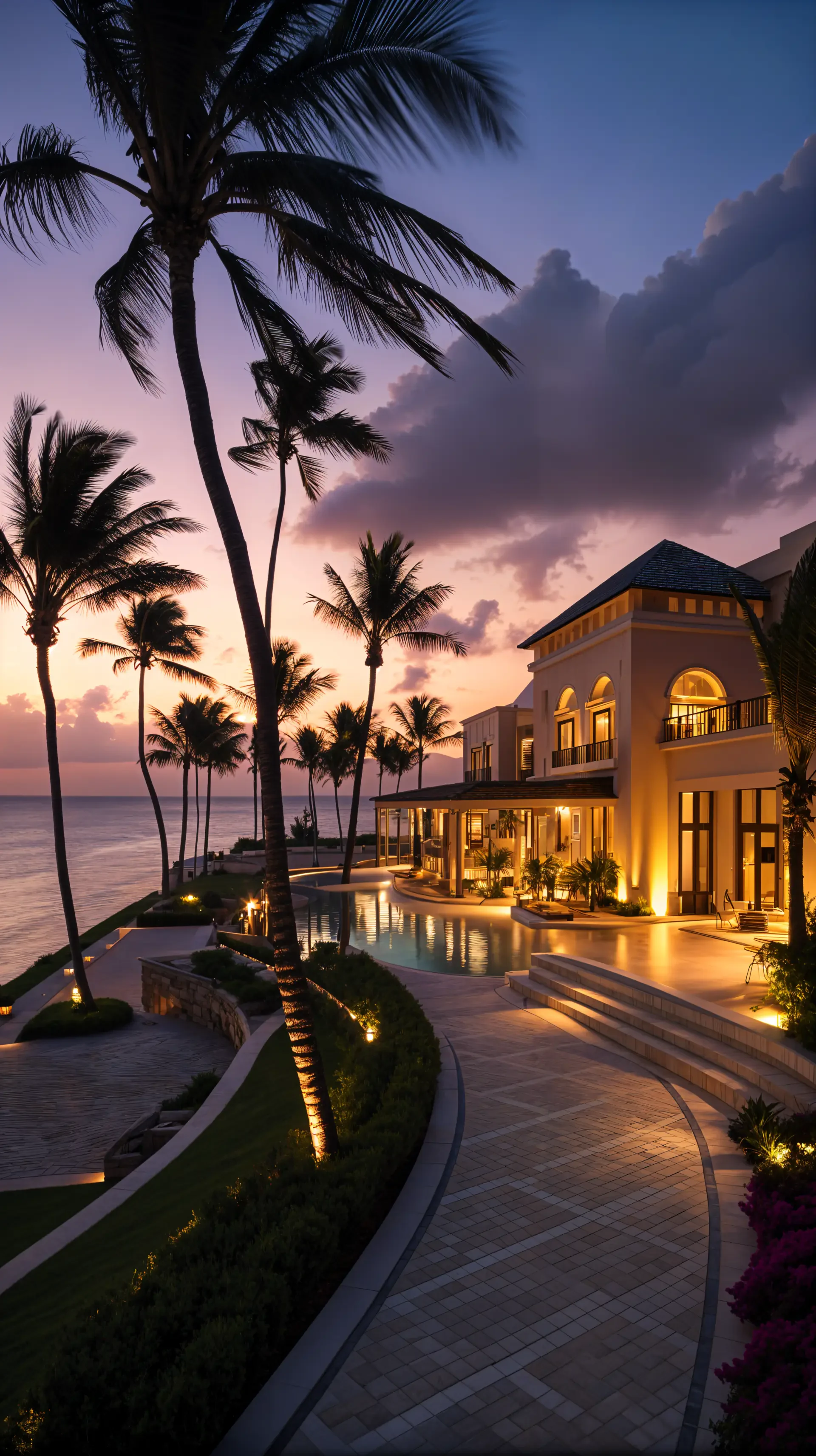 Phone wallpaper of a serene resort at dusk with illuminated buildings, palm trees, and a winding pool path along the coastline, designed for iPhone and Android displays.