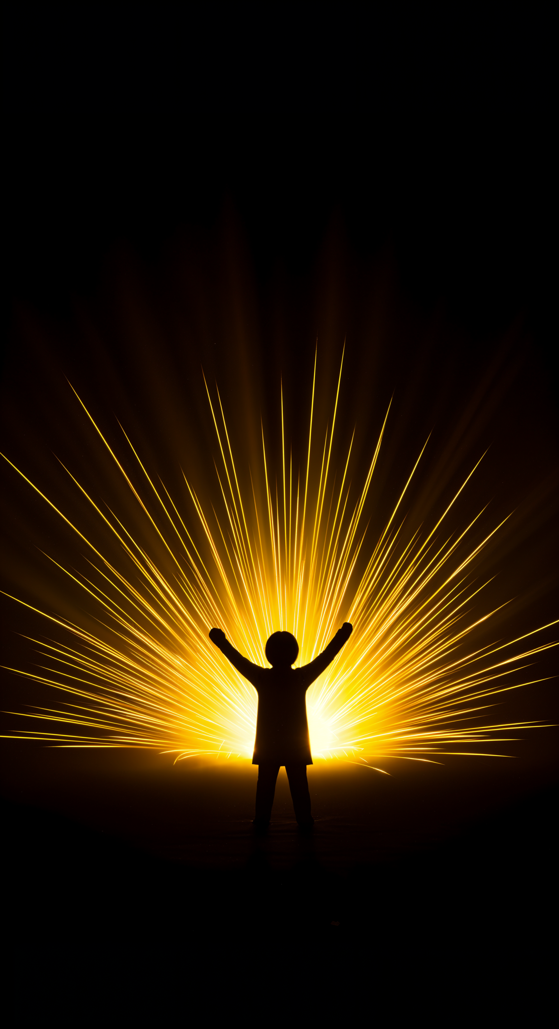 Phone wallpaper showing a silhouette of a person with arms raised against bright, golden fireworks bursting in the dark, celebrating the New Year on iPhones and Android phones.