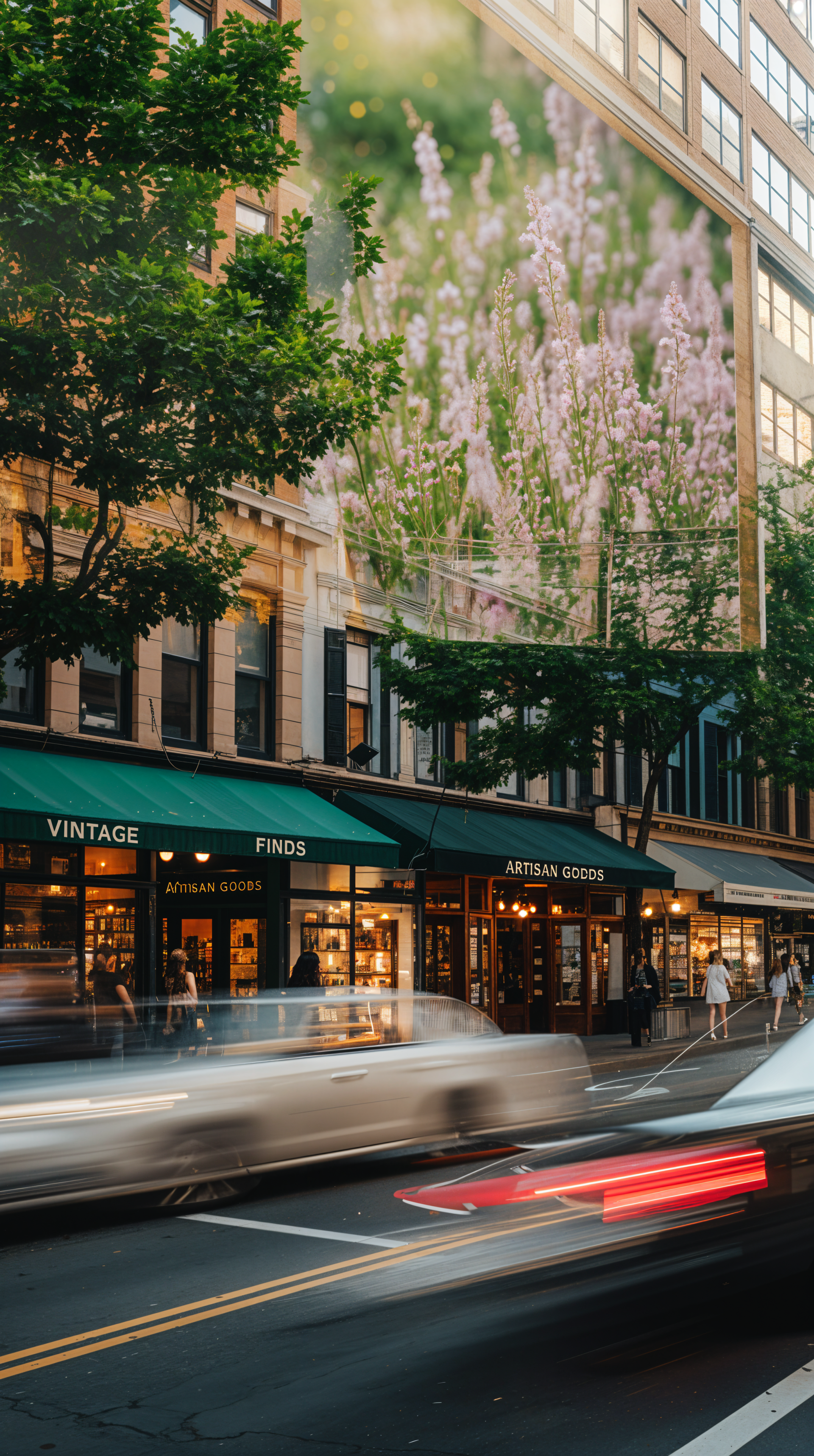 Vibrant street scene with moving cars and storefronts, blended with soft floral reflections, designed as a dynamic wallpaper for iPhones and Android phones.