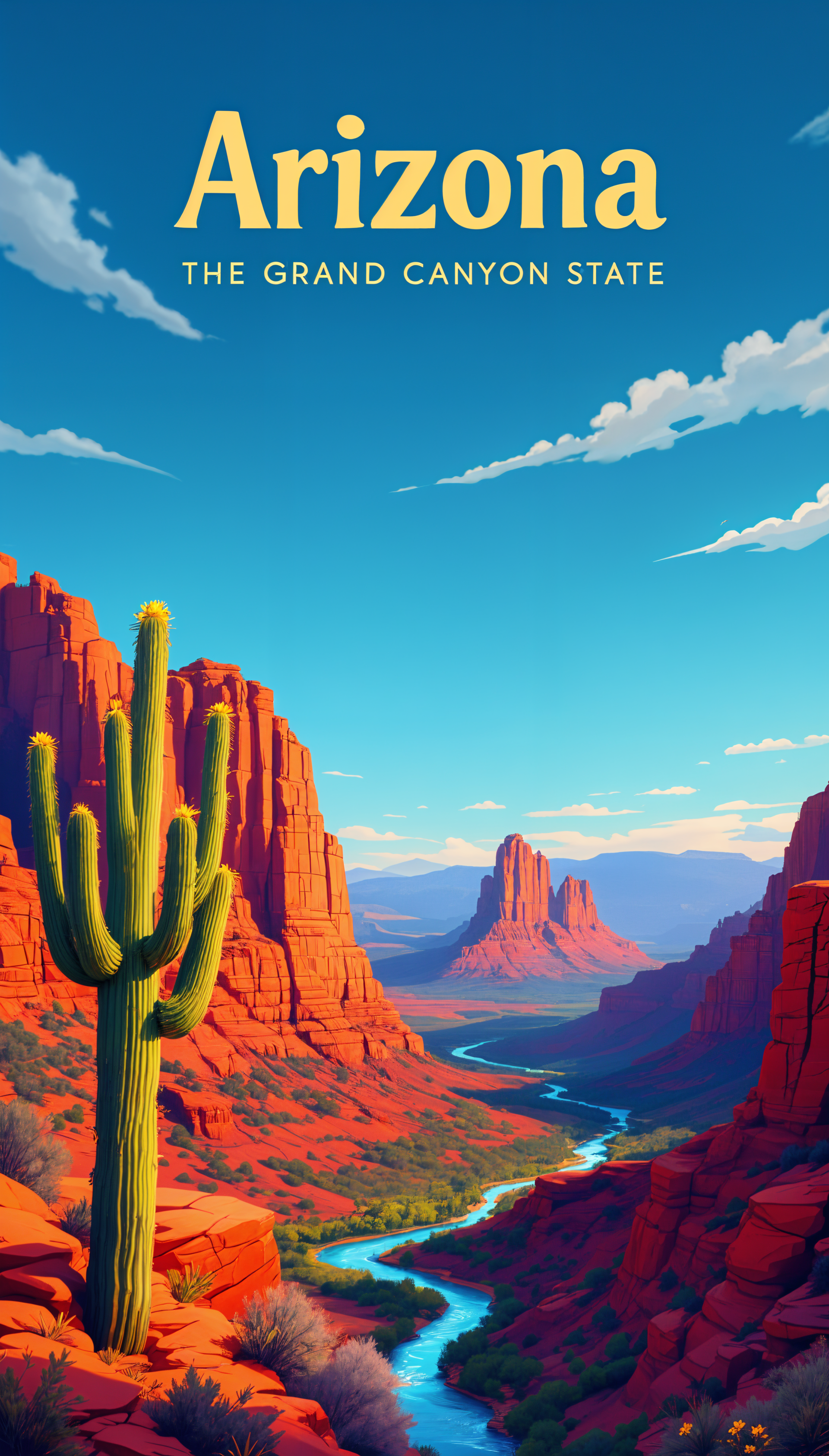 Phone wallpaper depicting Arizona's red rock canyon landscape with a river, cactus, and blue sky, featuring text Arizona The Grand Canyon State for iPhone and Android displays.