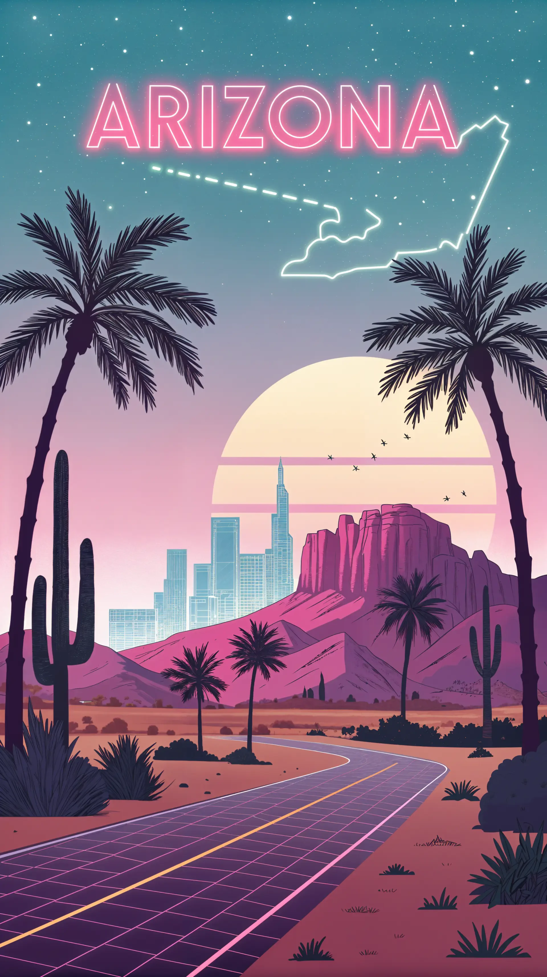 Phone wallpaper featuring a stylized Arizona desert landscape with palm trees, cacti, a city skyline, a large setting sun, and neon Arizona text with the state outline in stars.