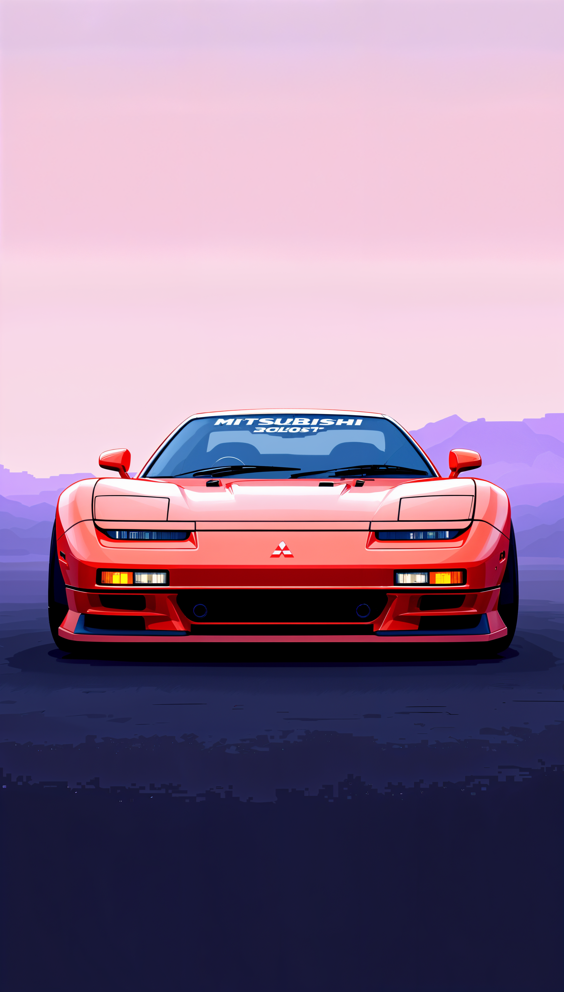 Bright red Mitsubishi sports car illustrated against a purple and pink sunset background, designed as a phone wallpaper for iPhones and Android devices.