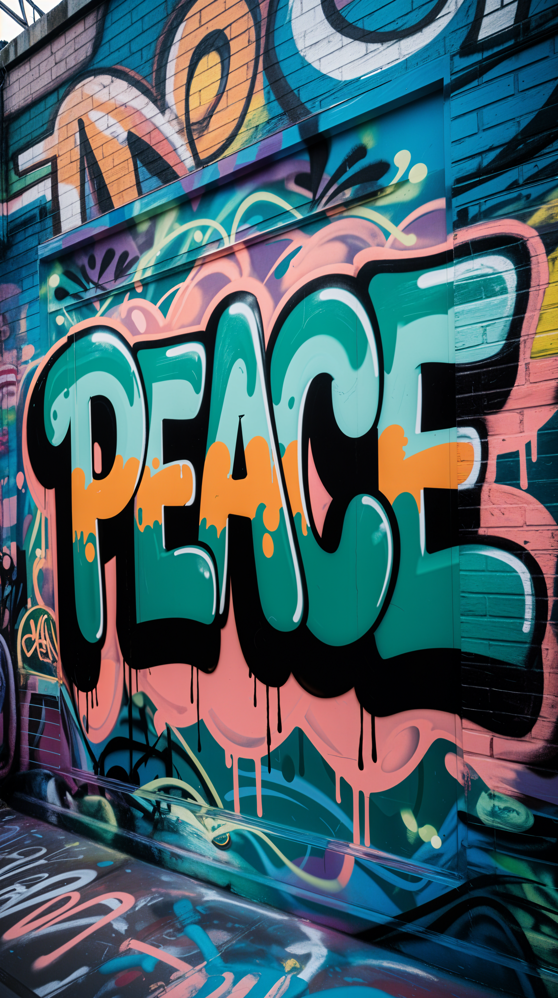Colorful graffiti wall with the word PEACE in bold teal, orange, and black letters, designed as a vibrant phone wallpaper for iPhone and Android screens.