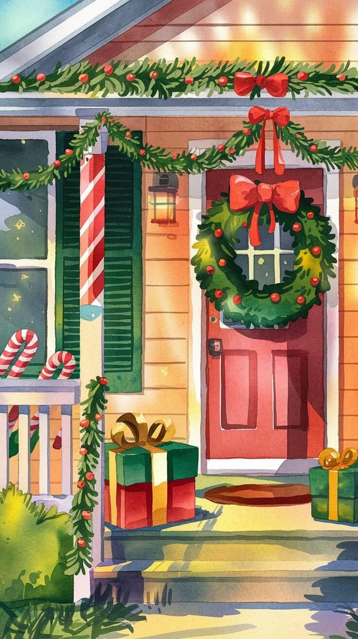 Christmas-themed phone wallpaper showing a decorated porch with a wreath on the door, garlands, candy canes, and wrapped gifts, designed for both iPhones and Android devices.