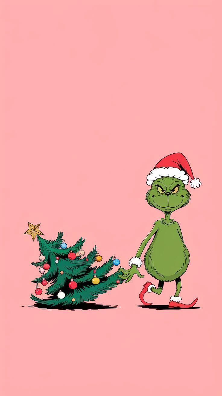 Phone wallpaper featuring The Grinch wearing a Santa hat, holding a decorated Christmas tree against a pink background, compatible with iPhones and Android phones.