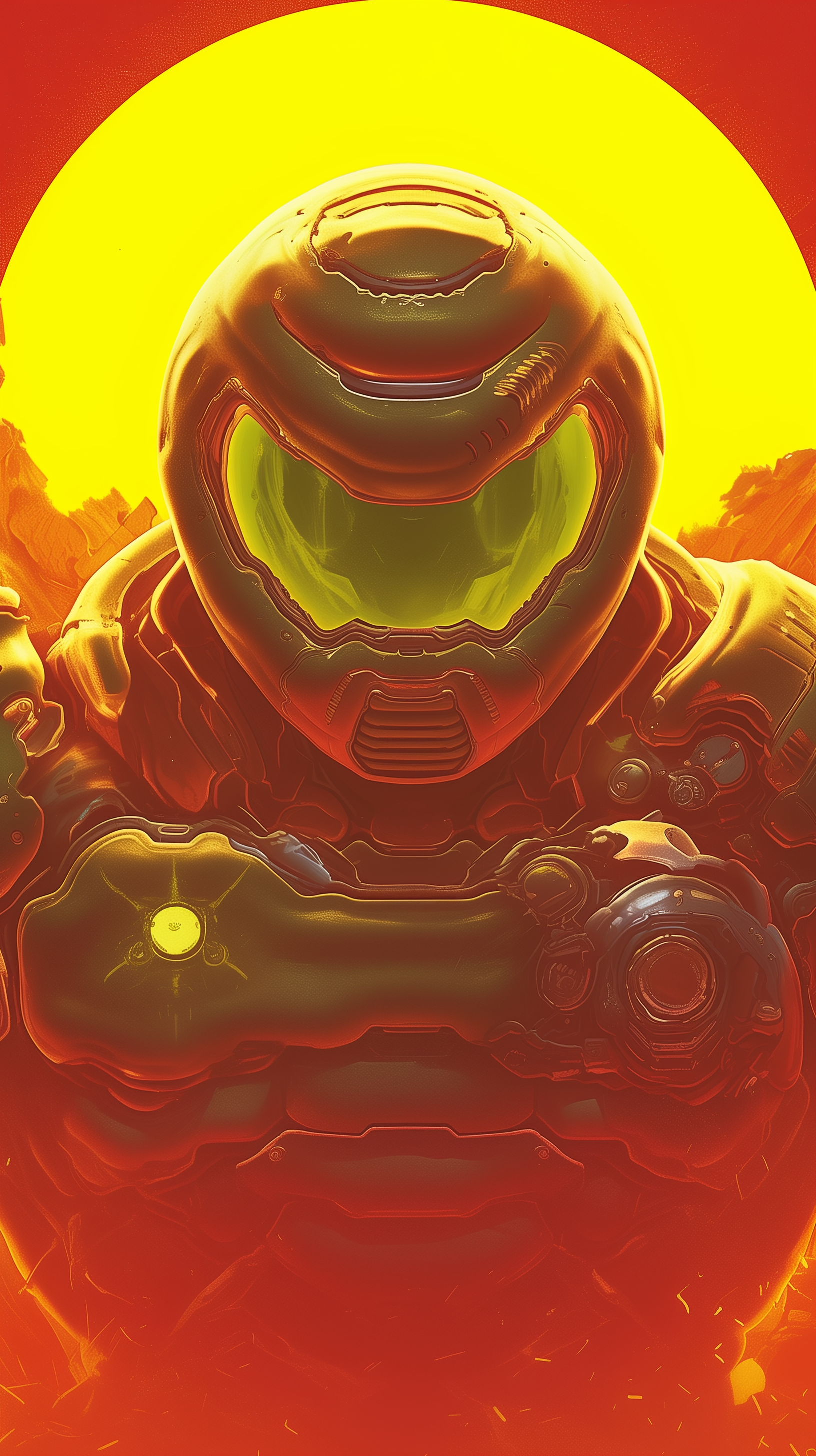 Phone wallpaper featuring the Doom Slayer from DOOM Eternal against a bright yellow sun and fiery red background, designed for iPhone and Android screens.