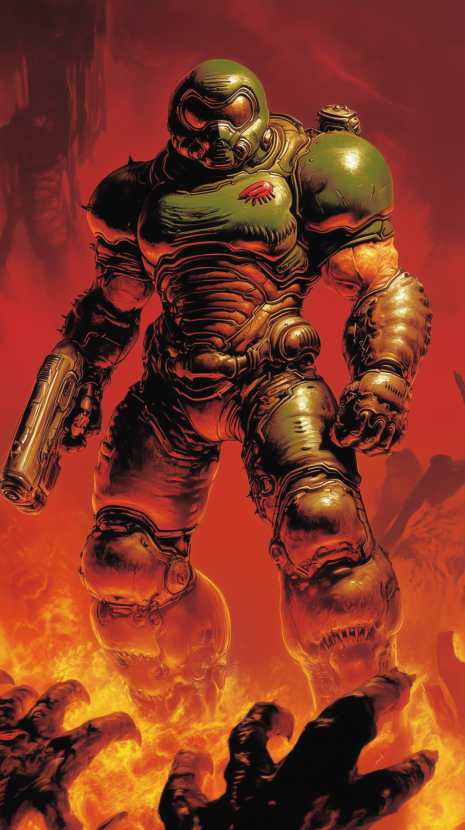 Gaming character from Doom stands amid flames and reaching demonic hands, depicted in a phone wallpaper design compatible with both iPhones and Android devices.