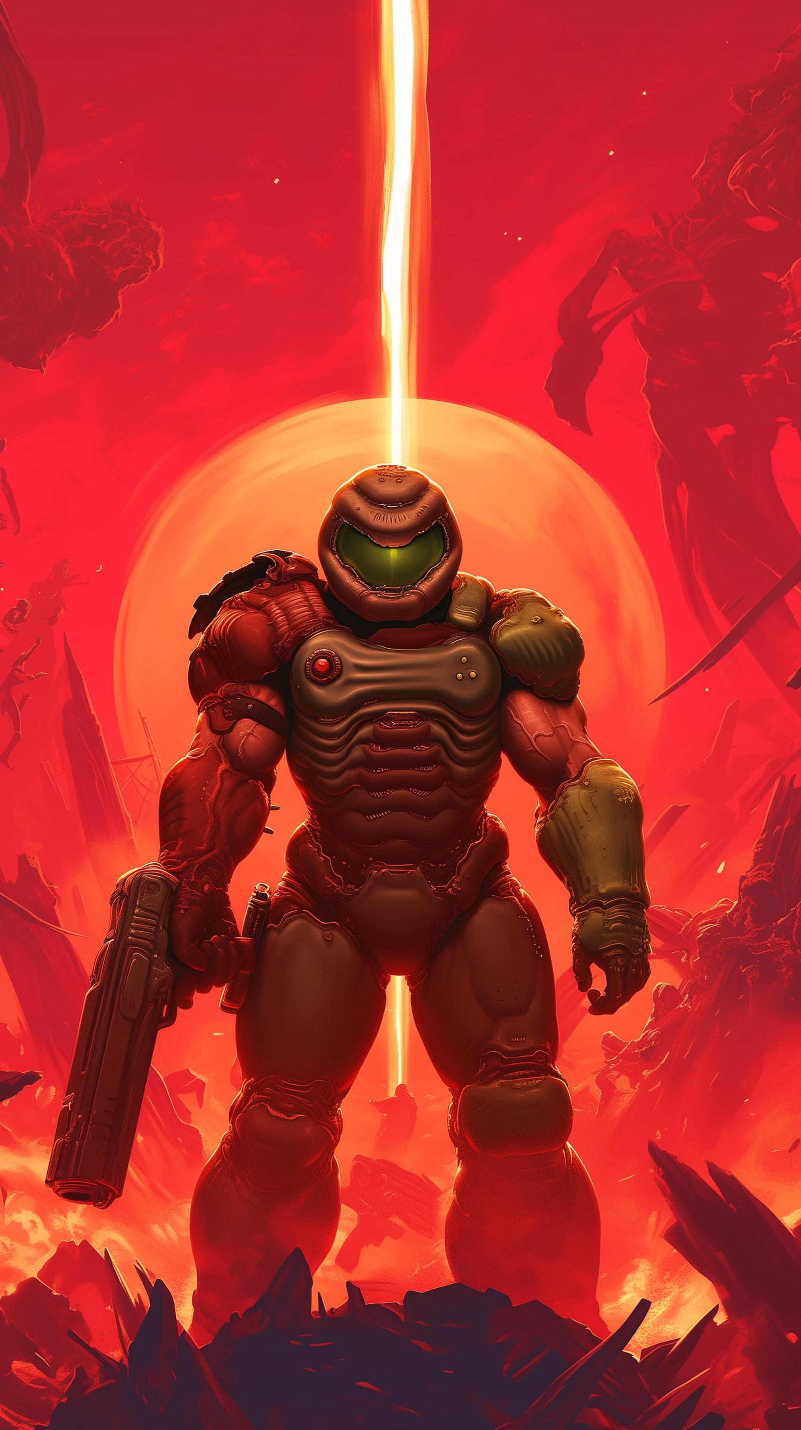 Phone wallpaper featuring the Doom Slayer from DOOM Eternal, standing powerfully in a red, fiery landscape with a glowing vertical light beam and silhouetted demonic figures in the background.