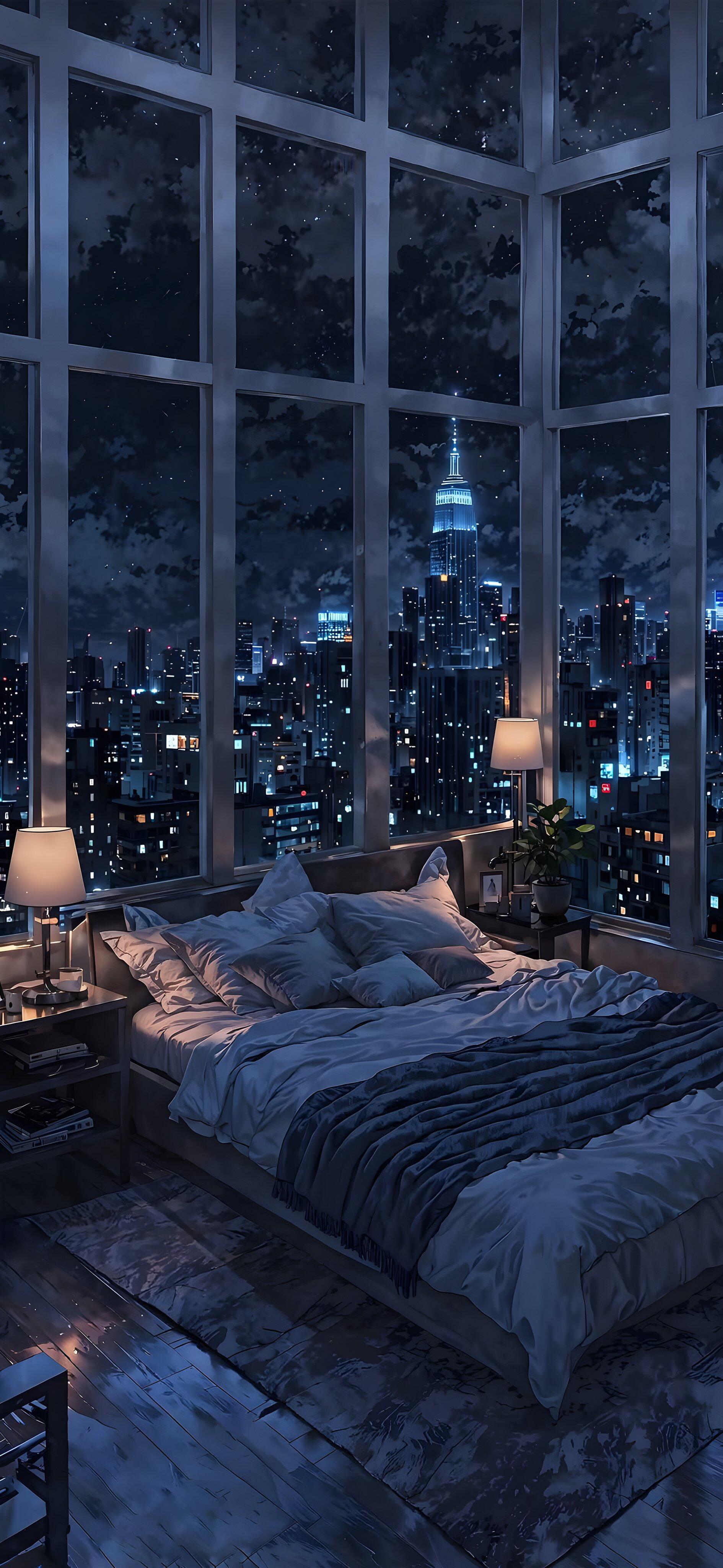 Cozy bedroom with large windows overlooking a vibrant cityscape at night, featuring illuminated skyscrapers under a starry sky, designed as a phone wallpaper for iPhones and Androids.