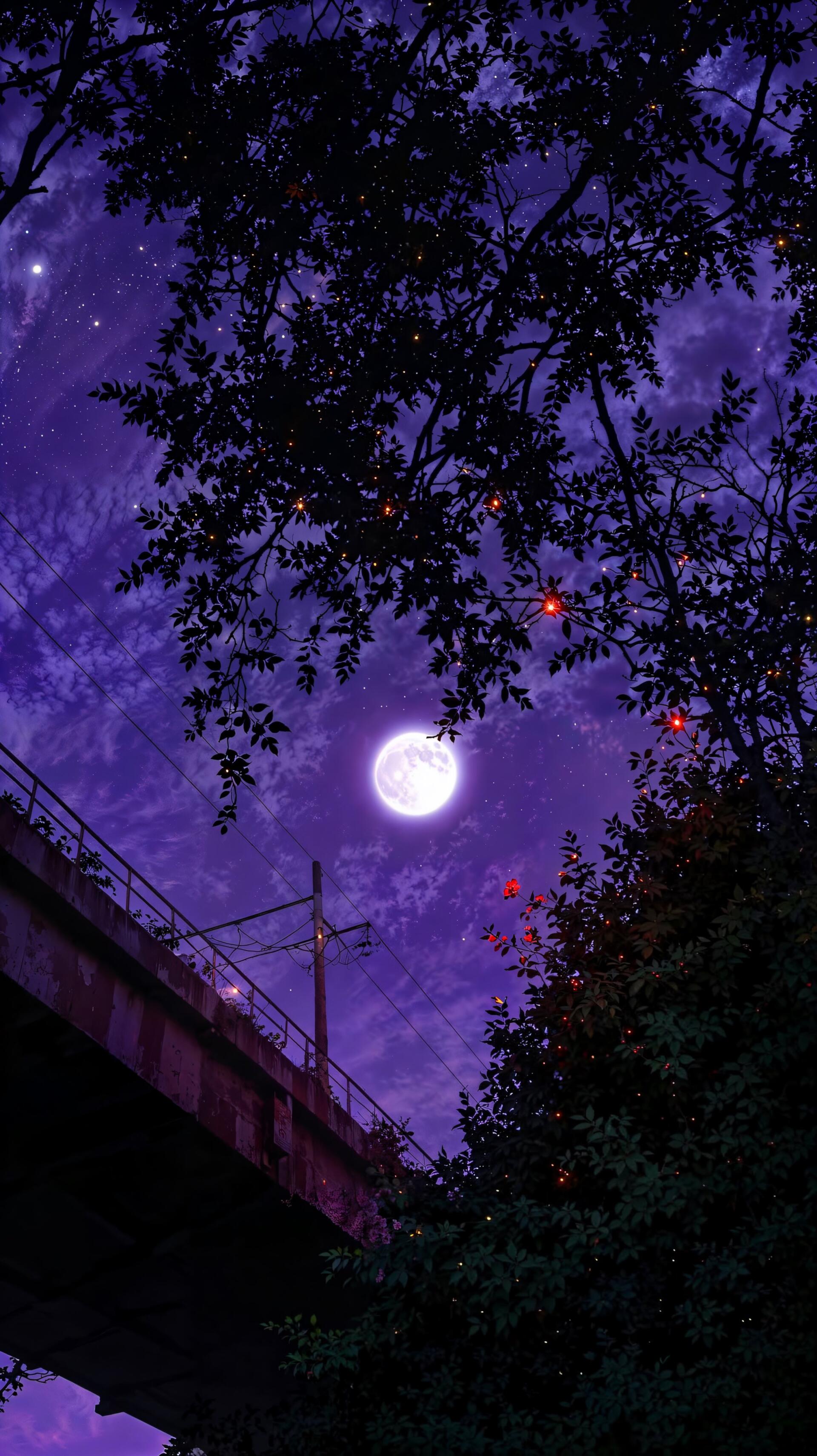 Purple anime-style night sky with a bright moon, silhouetted tree branches, and a bridge below, designed as a lofi phone wallpaper for iPhone and Android devices.