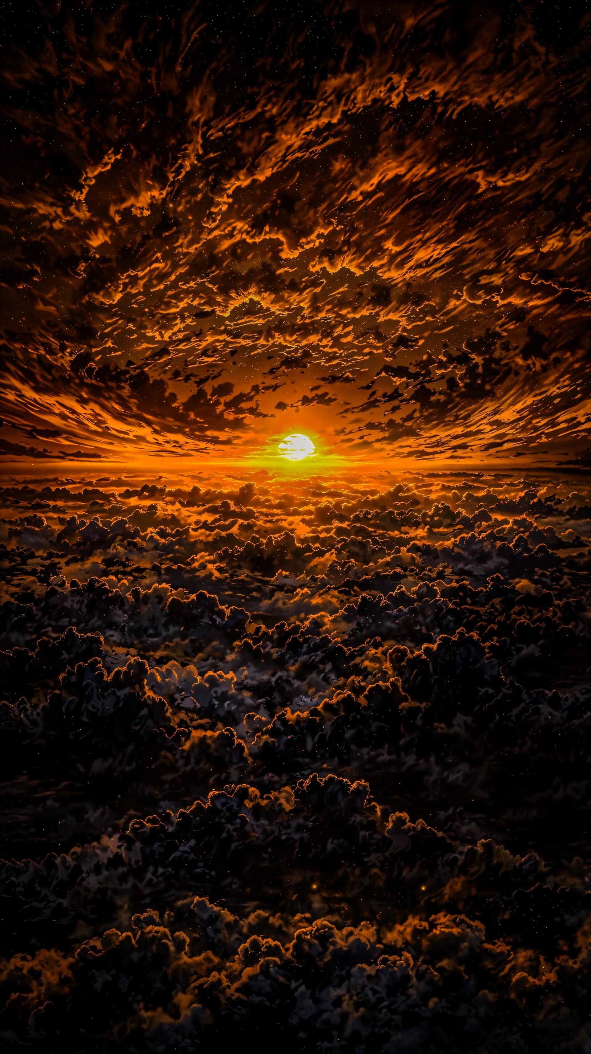 Phone wallpaper featuring an orange sun setting above a dramatic sea of clouds under a textured sky, designed for seamless display on iPhones and Android devices.