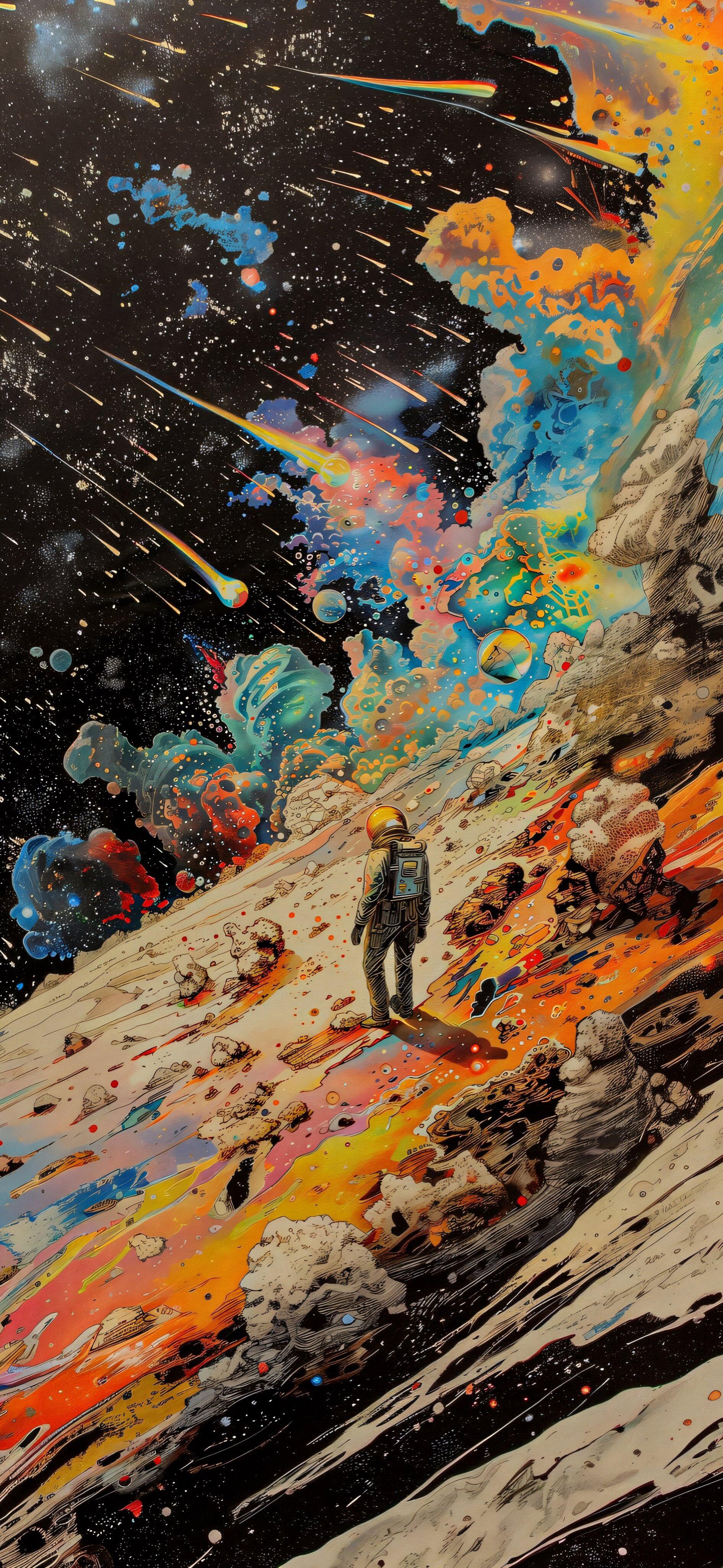 Colorful meteor shower streaks across a vibrant space sky as an astronaut stands on a rocky, multicolored lunar-like surface, shown in a vertical phone wallpaper design.