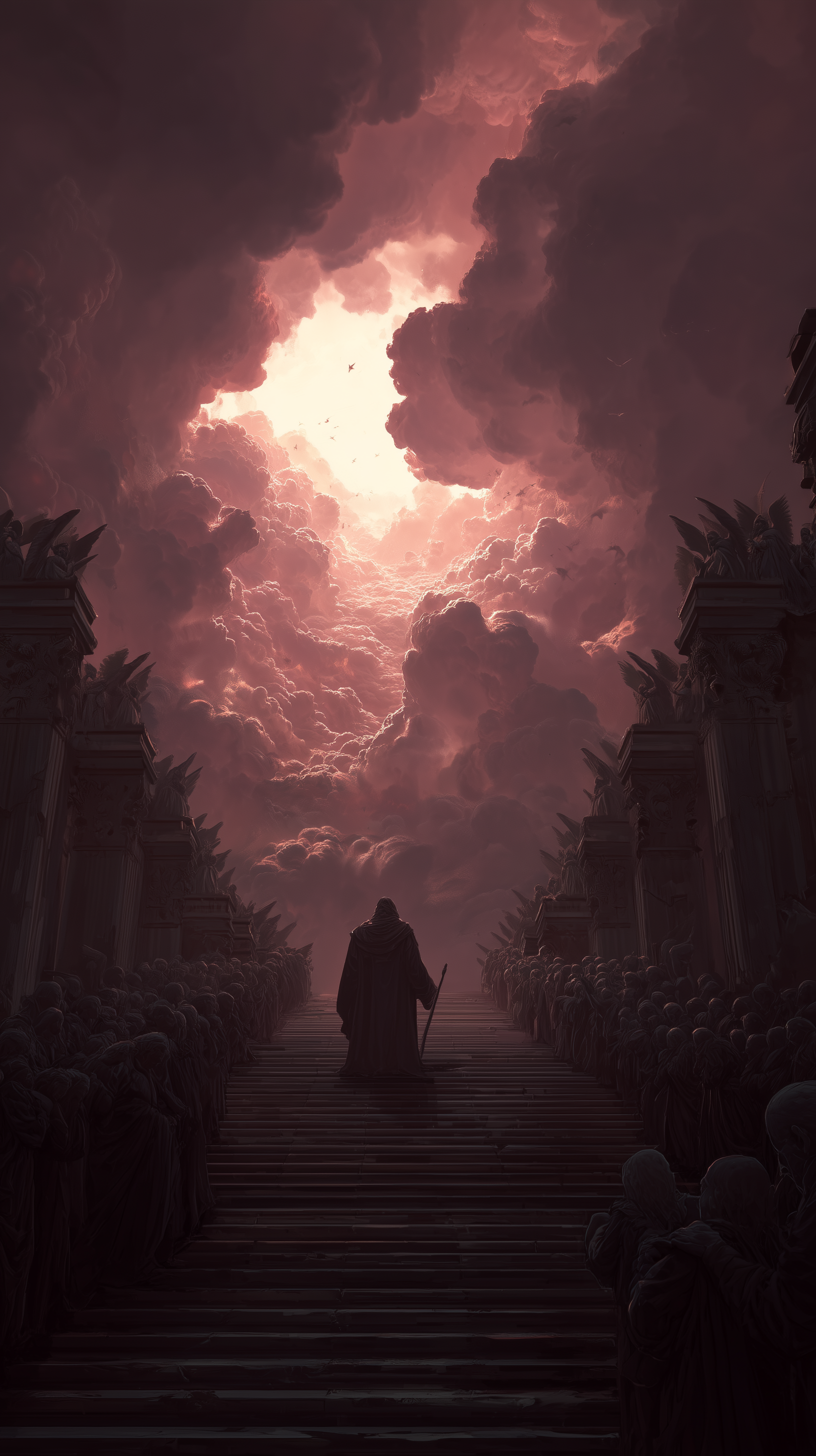 Phone wallpaper of stairs ascending through dark landscape into bright, heavenly clouds, creating a dramatic and spiritual atmosphere for iPhones and Android phones.