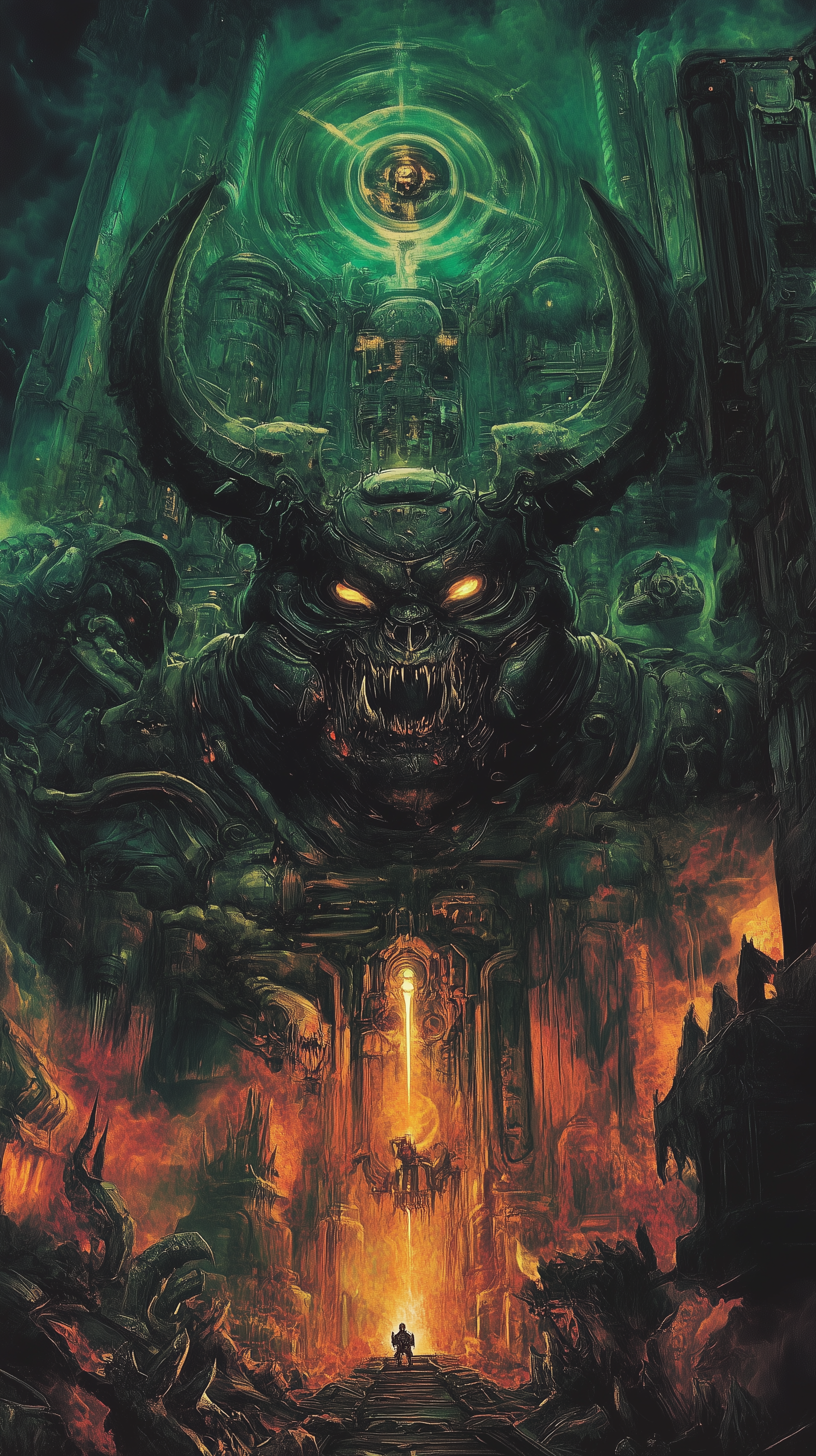 Phone wallpaper artwork from the video game Doom features a dark, demonic figure with glowing eyes amid a fiery, hellish environment, designed for iPhone and Android screens.