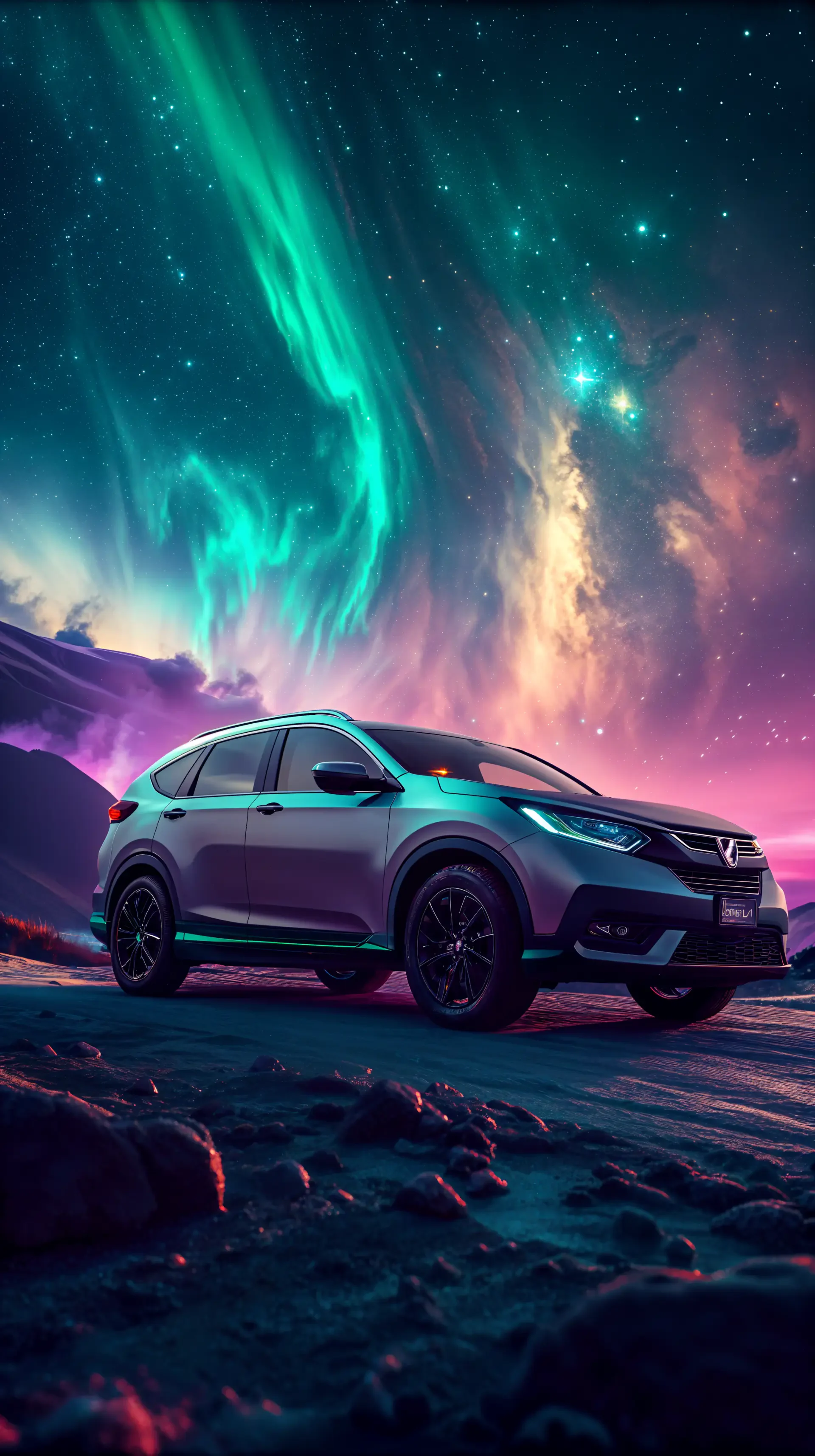 Phone wallpaper for iPhone and Android featuring a Honda SUV parked on rocky terrain under a vibrant night sky with green auroras and colorful cosmic clouds.