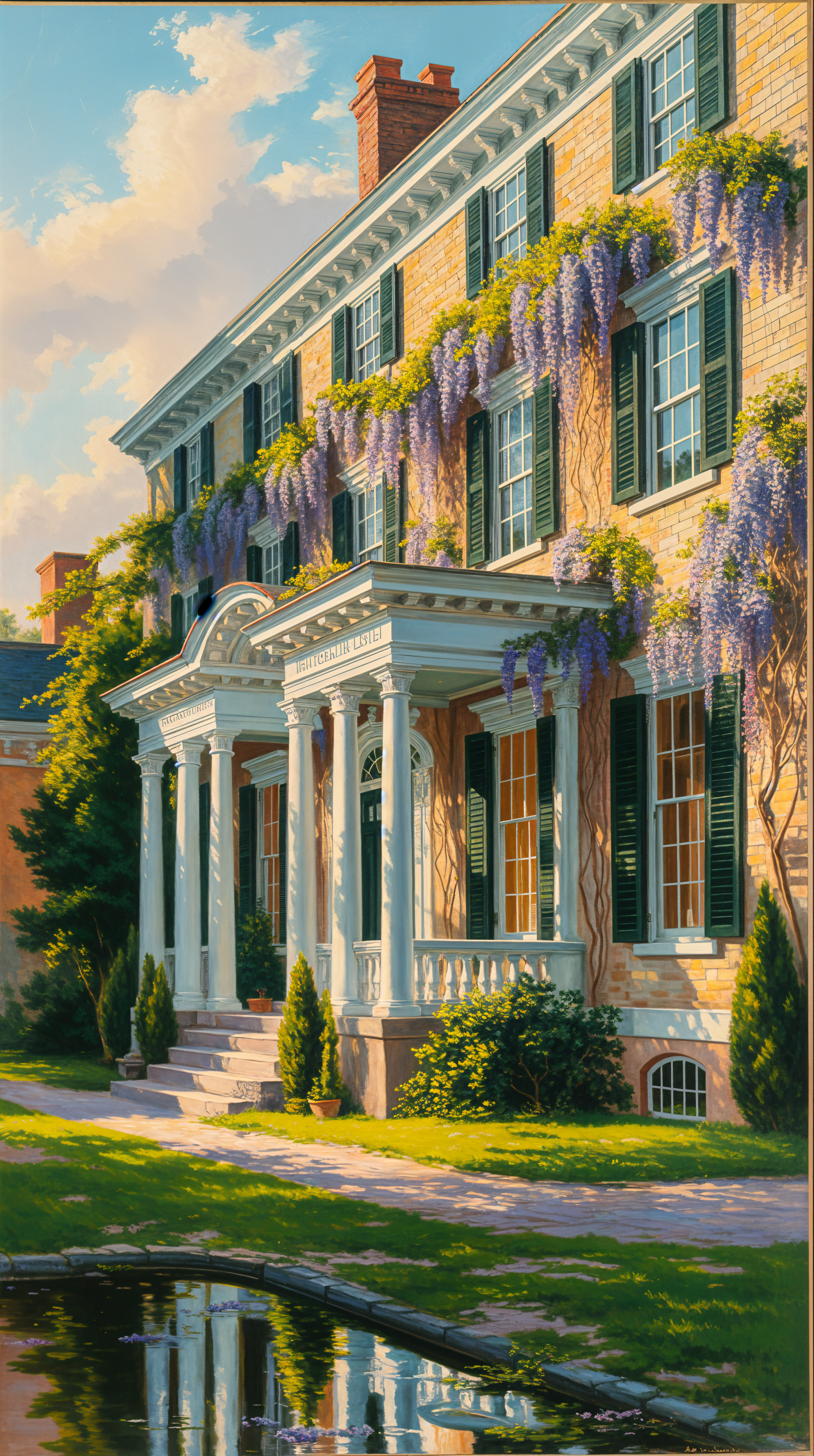 Colonial architecture with white columns, green shutters, and cascading purple wisteria, captured in warm sunlight; designed as a phone wallpaper compatible with iPhones and Android devices.