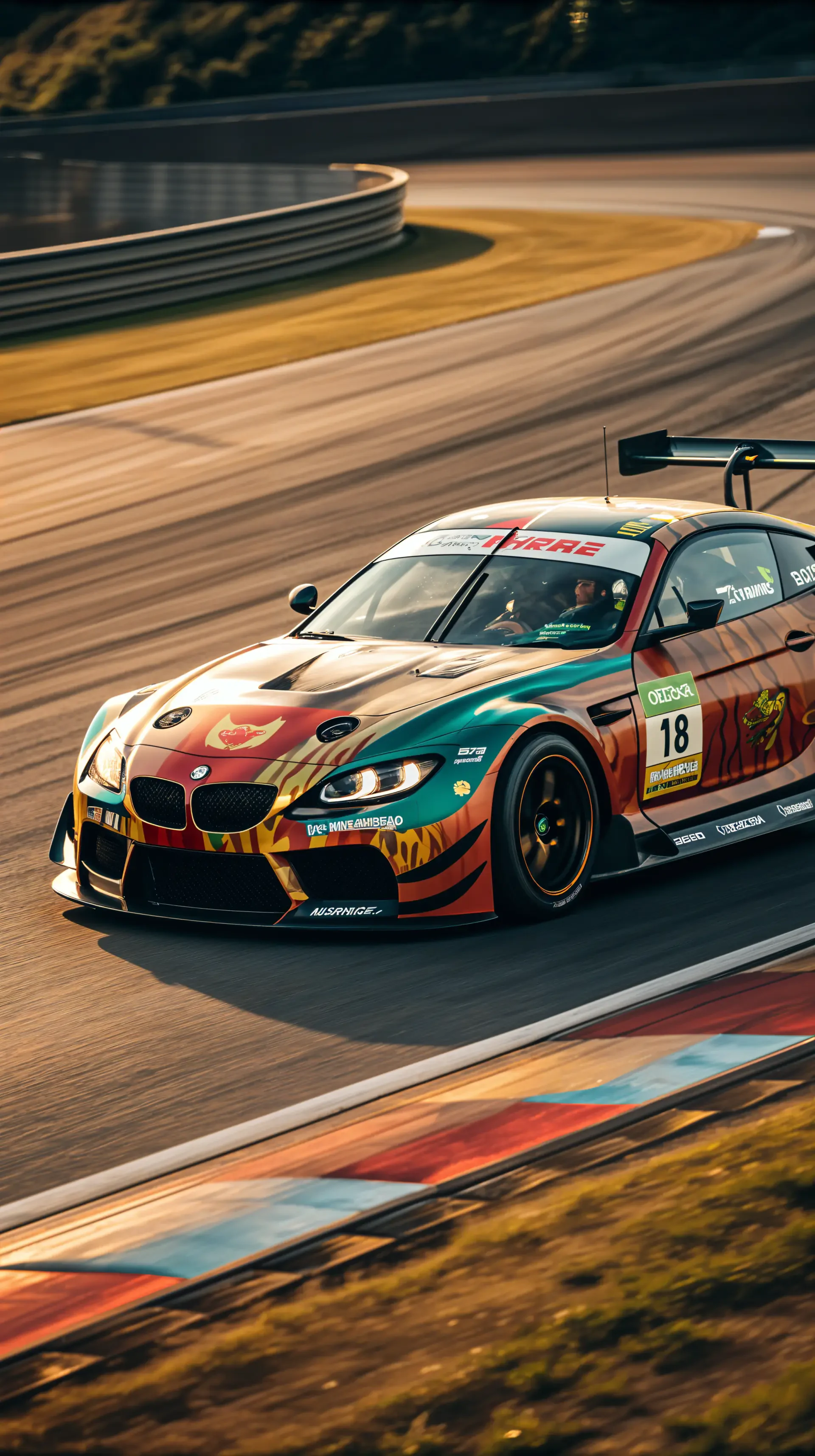 Race car speeding on a curved racetrack, captured as a dynamic phone wallpaper fitting both iPhones and Android devices.