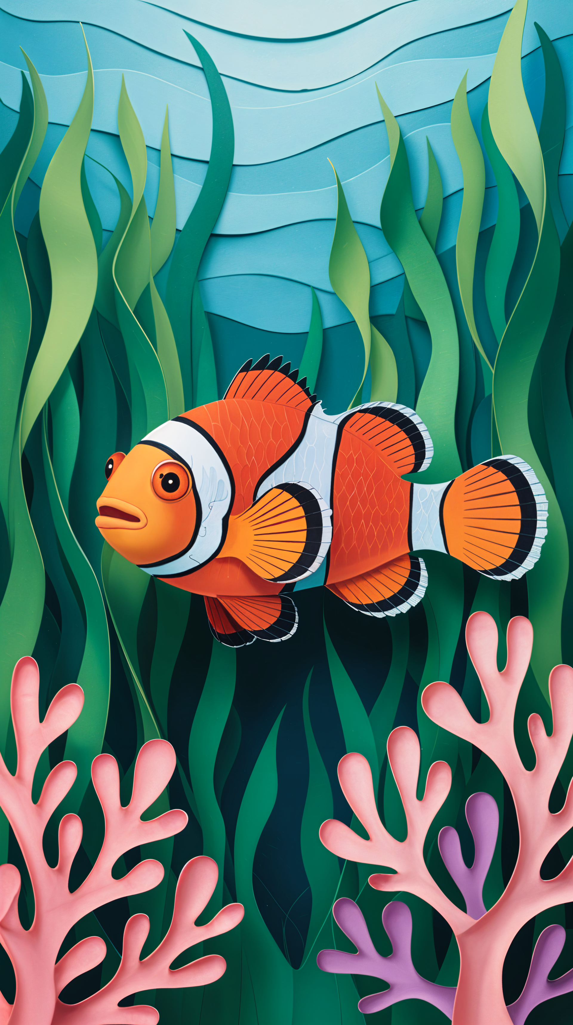 Colorful paper art of a clownfish swimming among green seaweed and pink coral, designed as a vibrant sea life phone wallpaper for iPhones and Android devices.