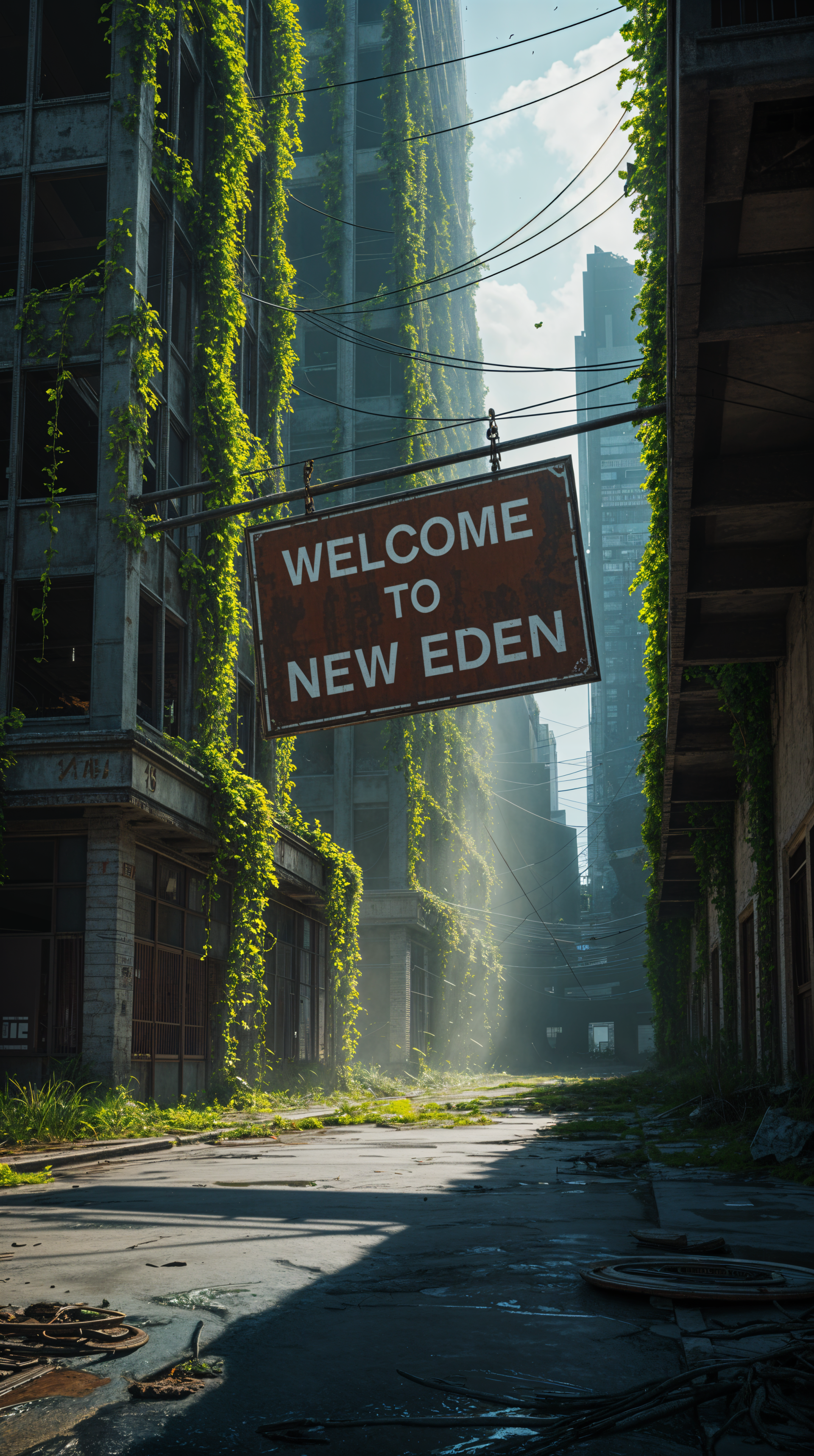 Post-apocalyptic cityscape phone wallpaper showing overgrown buildings and a hanging sign reading Welcome to New Eden, with light filtering through misty, abandoned streets.