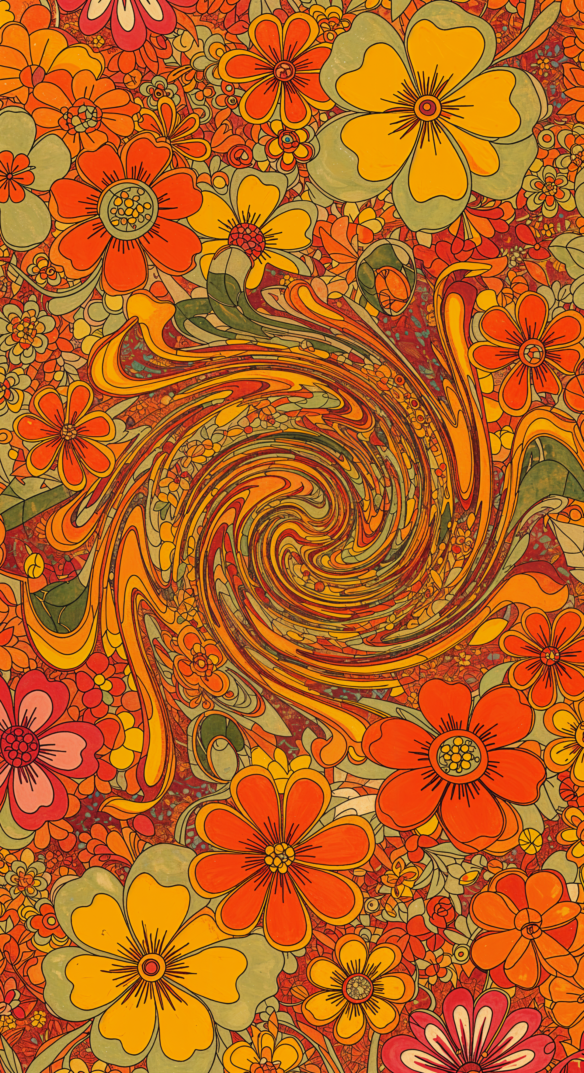 Vintage floral pattern in warm orange, yellow, and green tones with a swirling center design, crafted as a vibrant phone wallpaper for iPhones and Android devices.