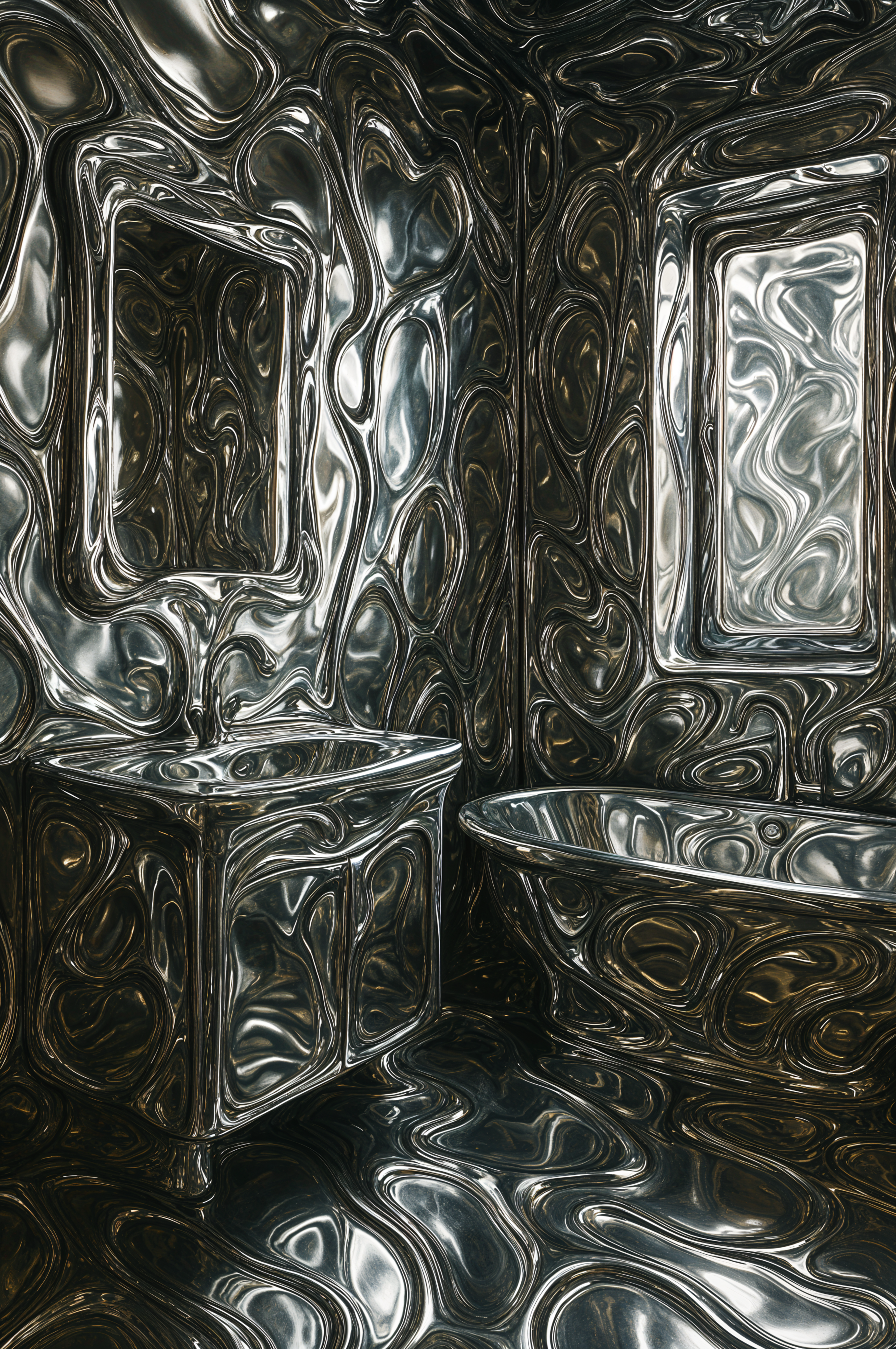 Phone wallpaper featuring a surreal, metallic-textured bathroom with distorted reflections on the sink, bathtub, walls, and mirrors, compatible with iPhones and Android devices.