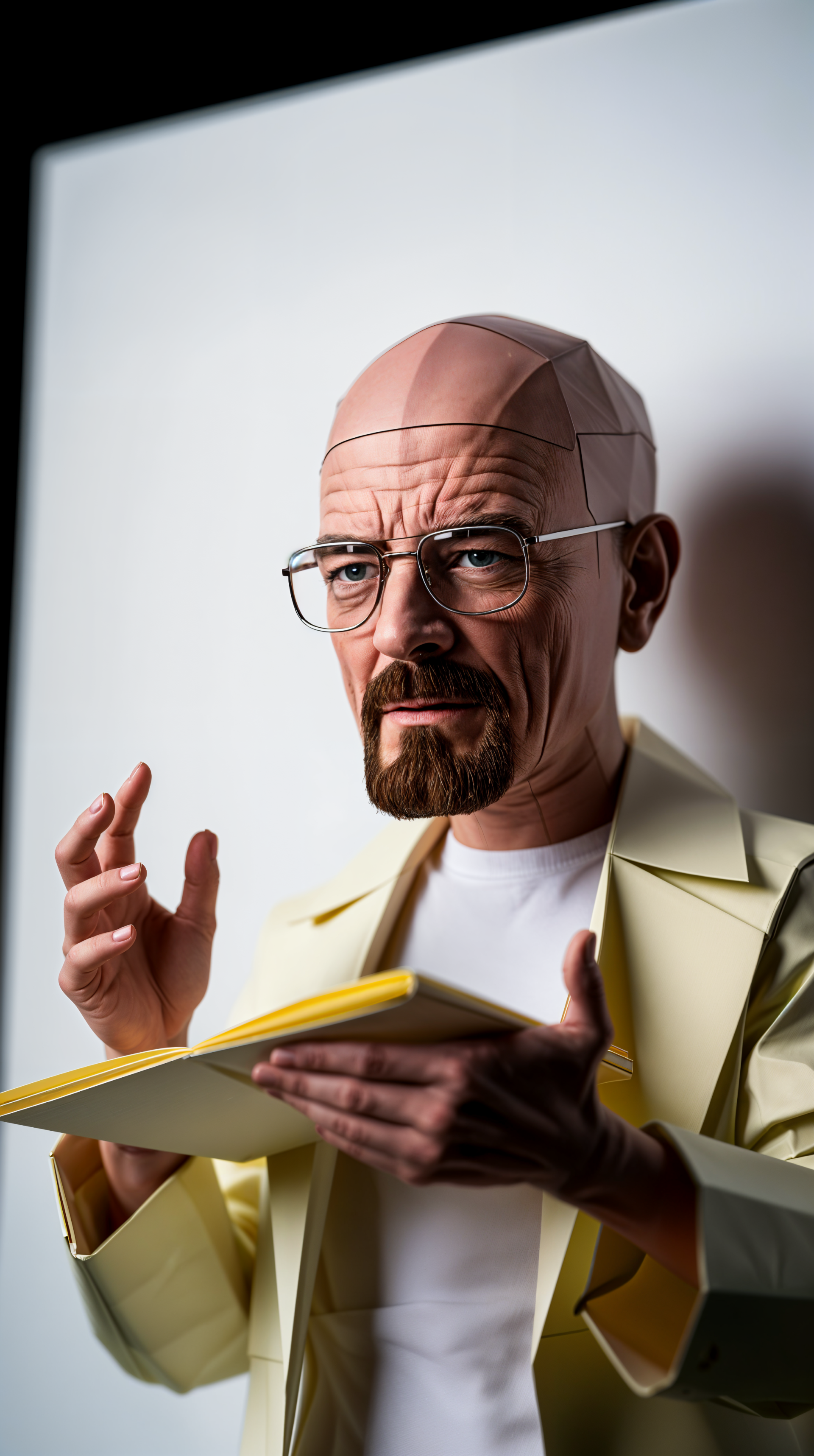 Phone wallpaper of a stylized 3D Walter White from Breaking Bad, holding a book and gesturing, designed to display crisply on iPhones and Android phones.