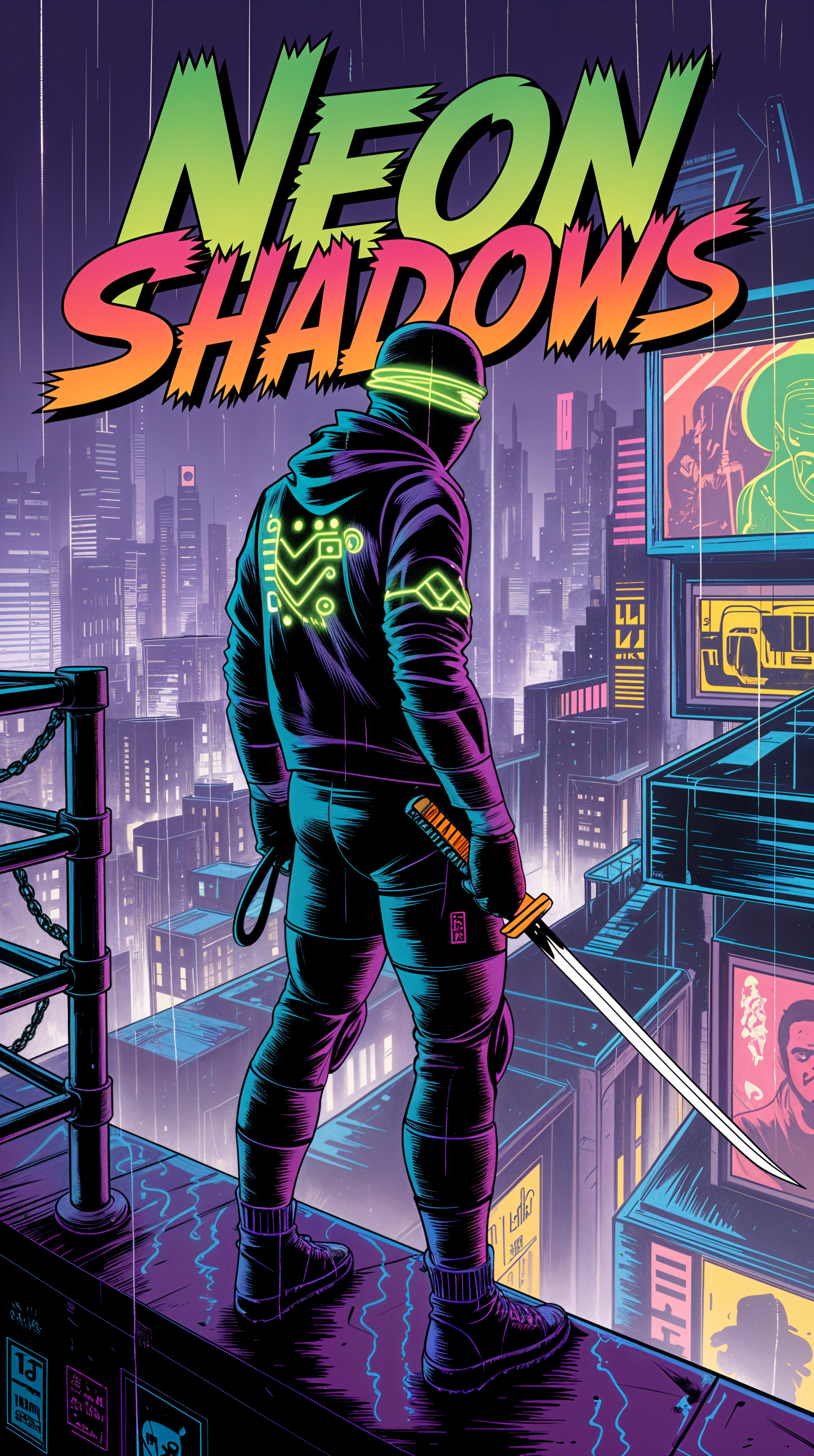 Retro 90s neon-themed phone wallpaper depicting a futuristic ninja overlooking a glowing cityscape, designed for use on iPhones and Android devices.