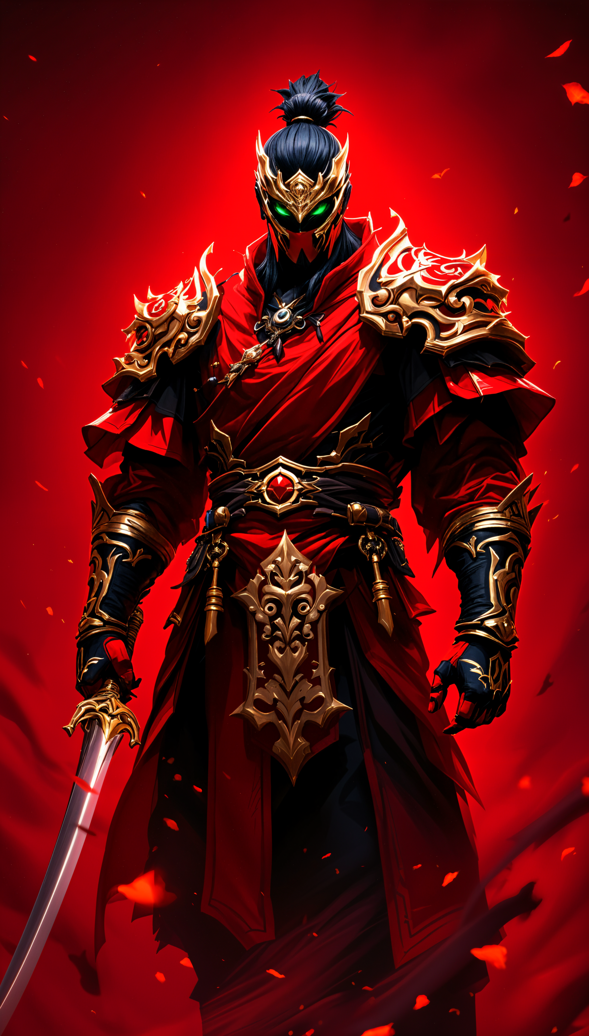 Phone wallpaper showing a fierce warrior in ornate red and gold armor holding a katana, set against a glowing red background, compatible with iPhones and Android devices.