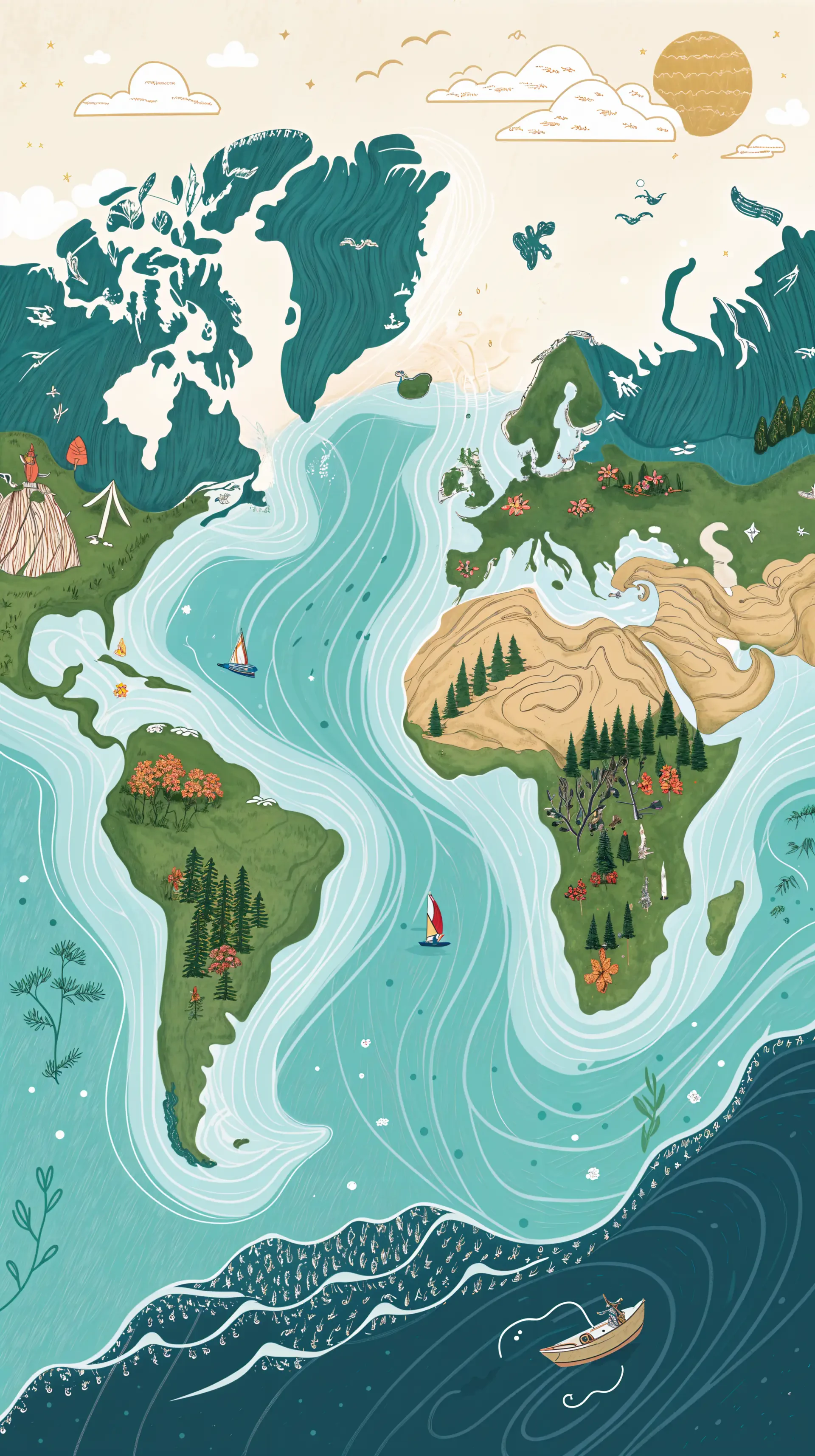 Colorful illustrated world map phone wallpaper featuring detailed continents, ocean waves, boats, trees, and wildlife, designed for iPhone and Android screens.