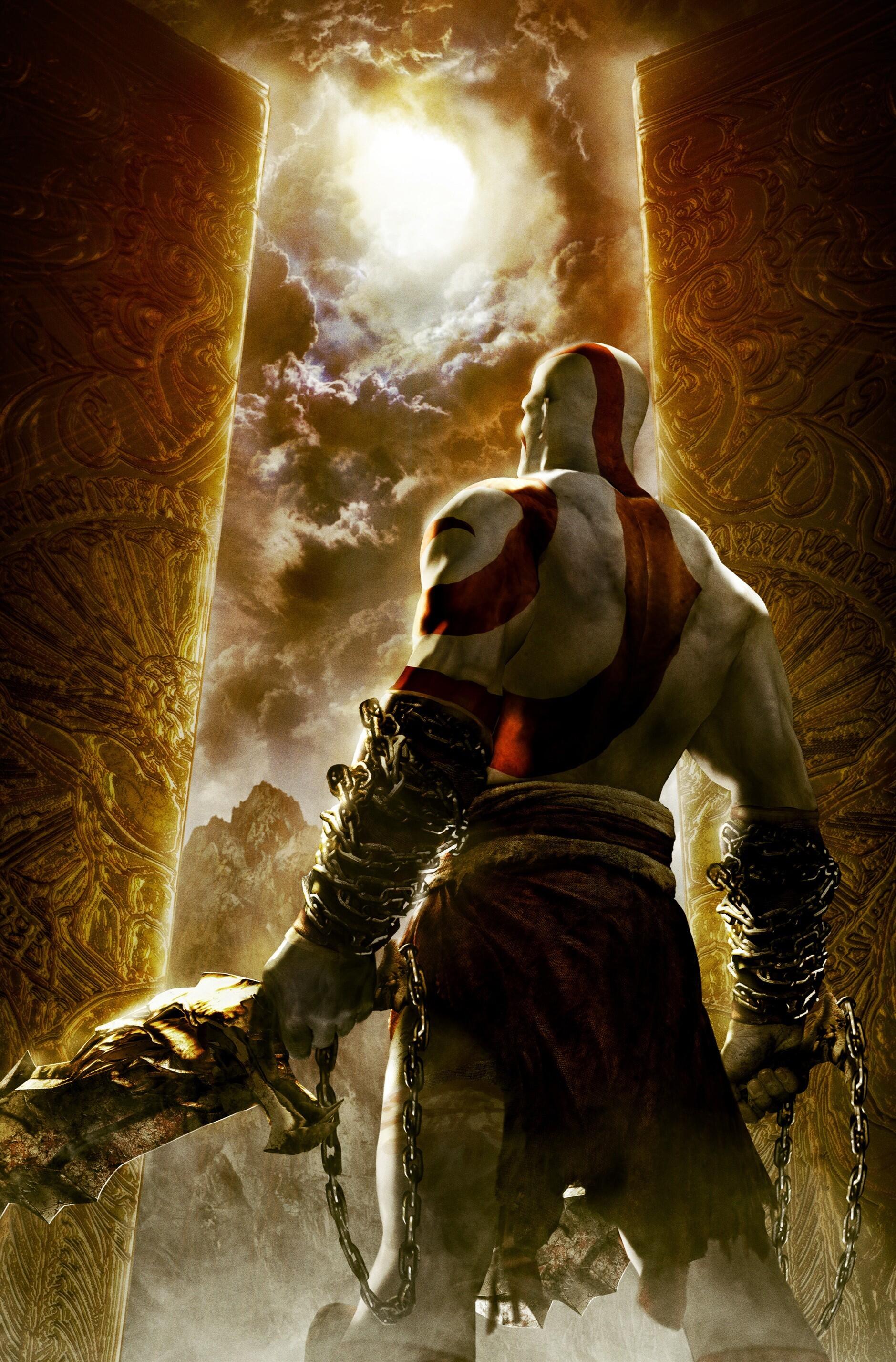 Phone wallpaper featuring Kratos from God of War, standing between two ornate pillars under a dramatic cloudy sky, showcasing detailed gaming art for iPhone and Android.