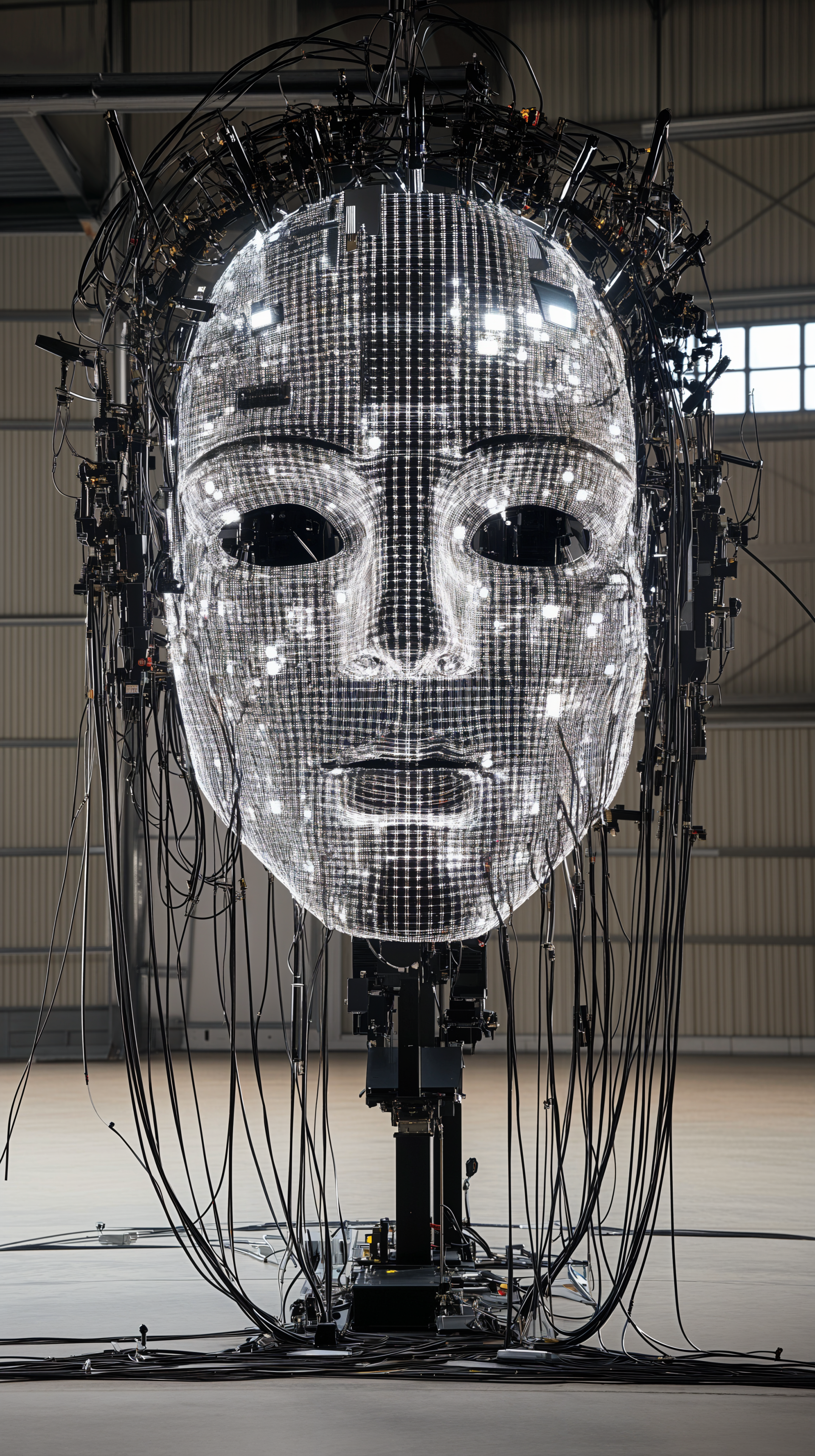 Futuristic robot head with illuminated digital grid and exposed wiring, designed as an AI-inspired phone wallpaper for iPhone and Android devices.