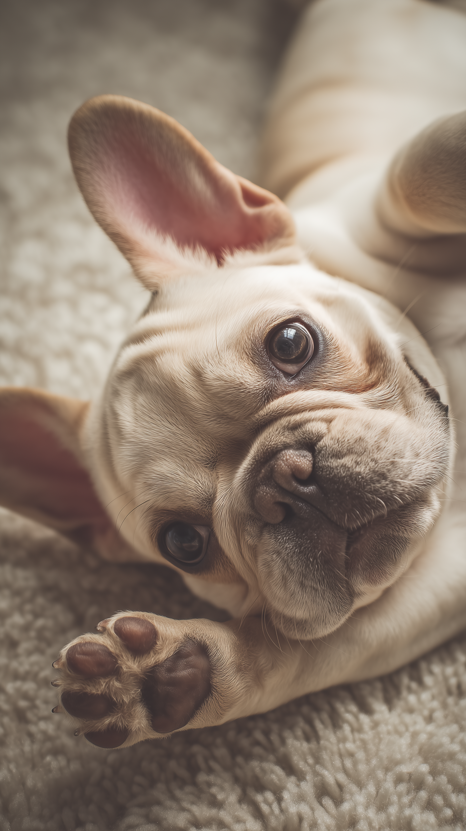 Close-up of a playful French bulldog puppy lying on a carpet, showing its paw. Phone wallpaper designed for both iPhones and Android devices.