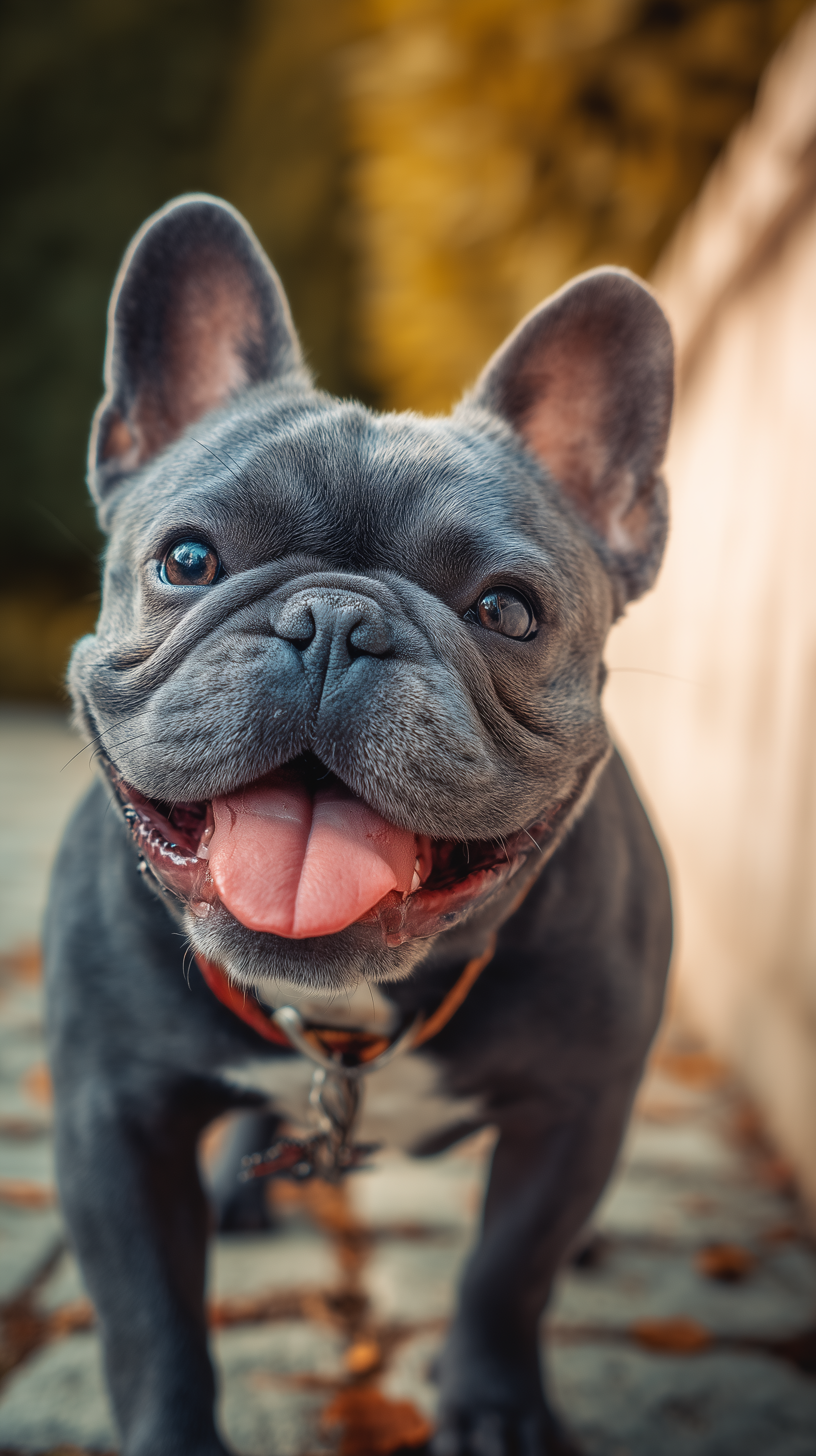 Smiling French bulldog with a red collar standing outdoors, captured in a vibrant phone wallpaper designed for iPhones and Android devices.