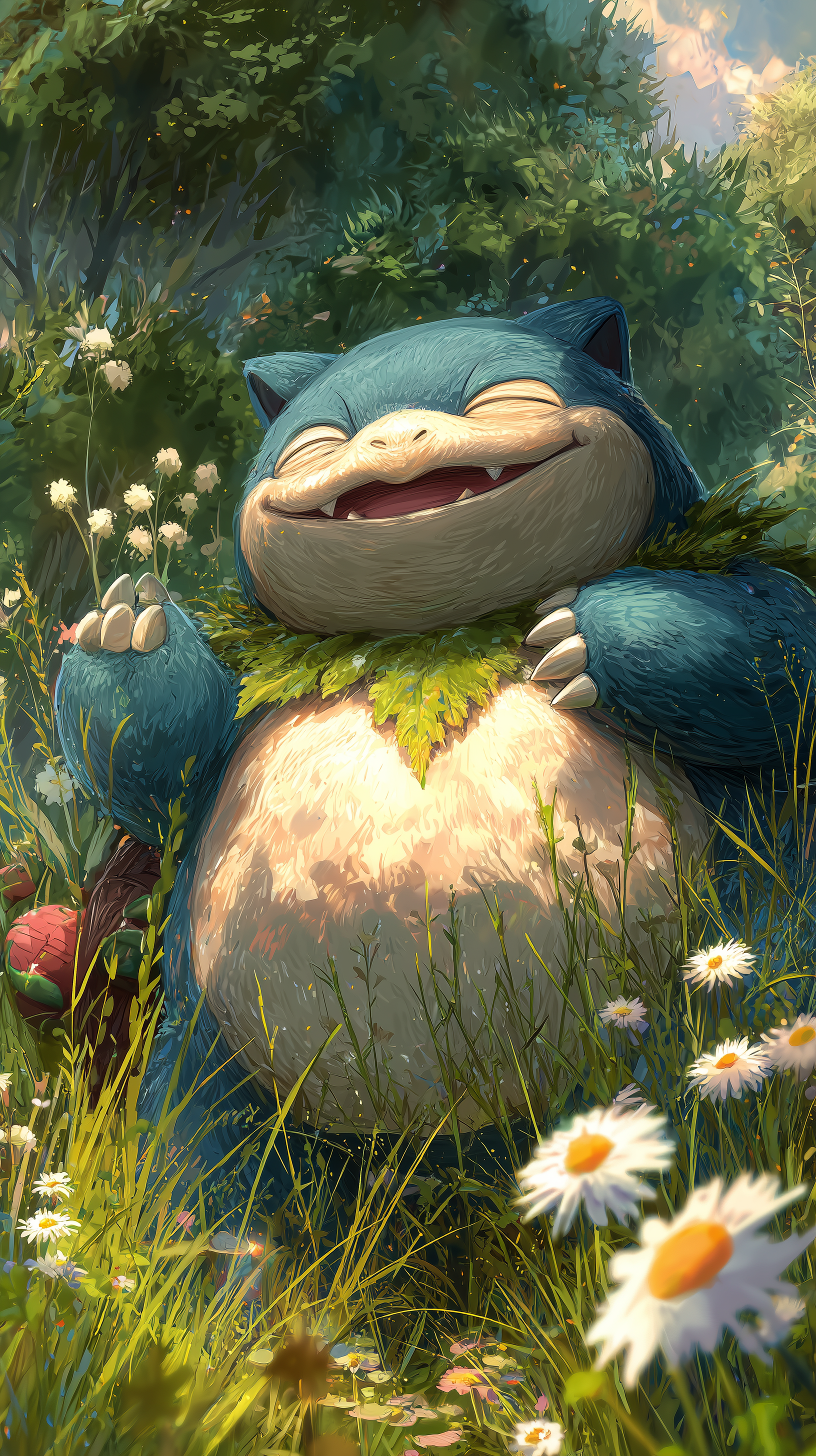 Phone wallpaper featuring a detailed anime-style painting of Snorlax from Pokémon, happily standing in a sunlit, flower-filled forest clearing, designed for iPhone and Android screens.